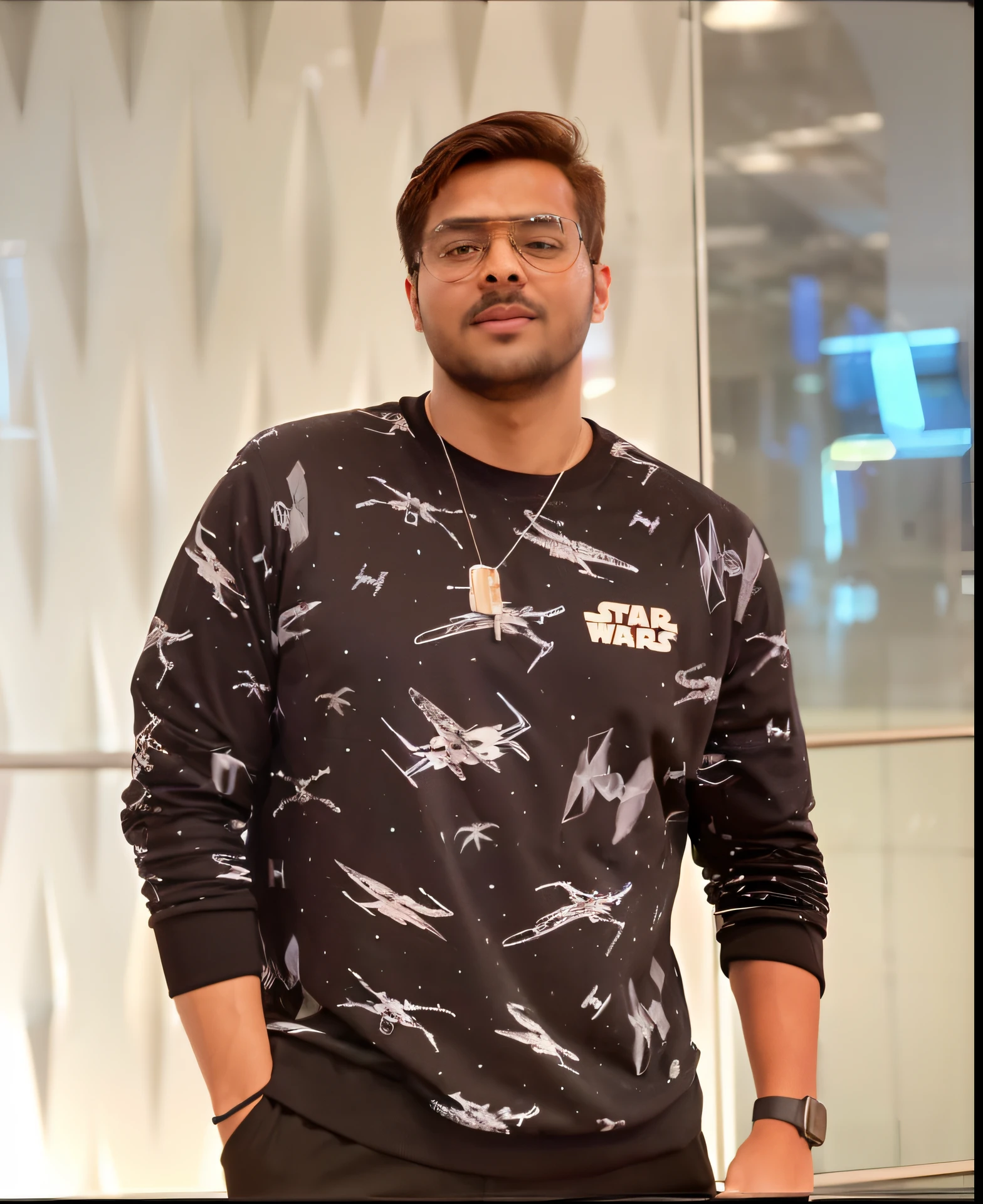 arafed man in a black shirt and glasses standing in front of a glass wall, in a star wars sequel, a man wearing a black jacket, kyza saleem, johnatan wayshak, handsome man, twitch streamer / gamer ludwig, roguish smirk, wearing space techwear, trending photo, jayison devadas style, profile pic