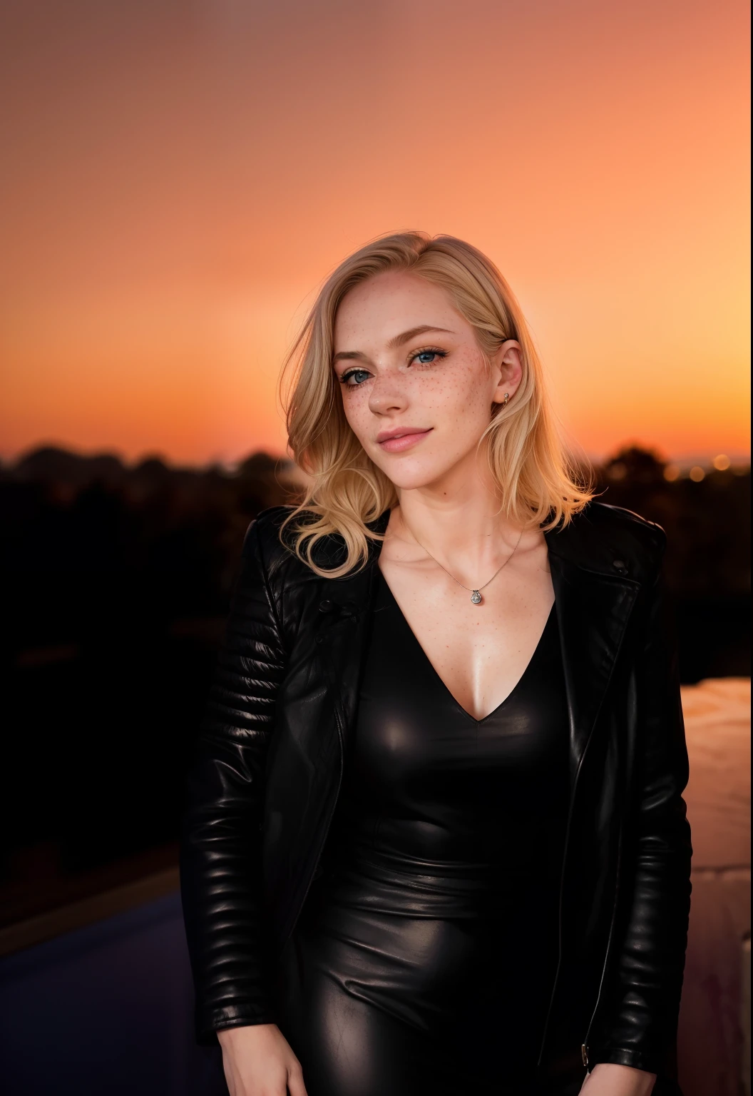Rosto de uma mulher, americana, 30 anos, pale skin and freckles, olhos cinzas, nariz delicado, soft and delicate lips, cabelo blondie cinza longo ondulado, sorriso meigo