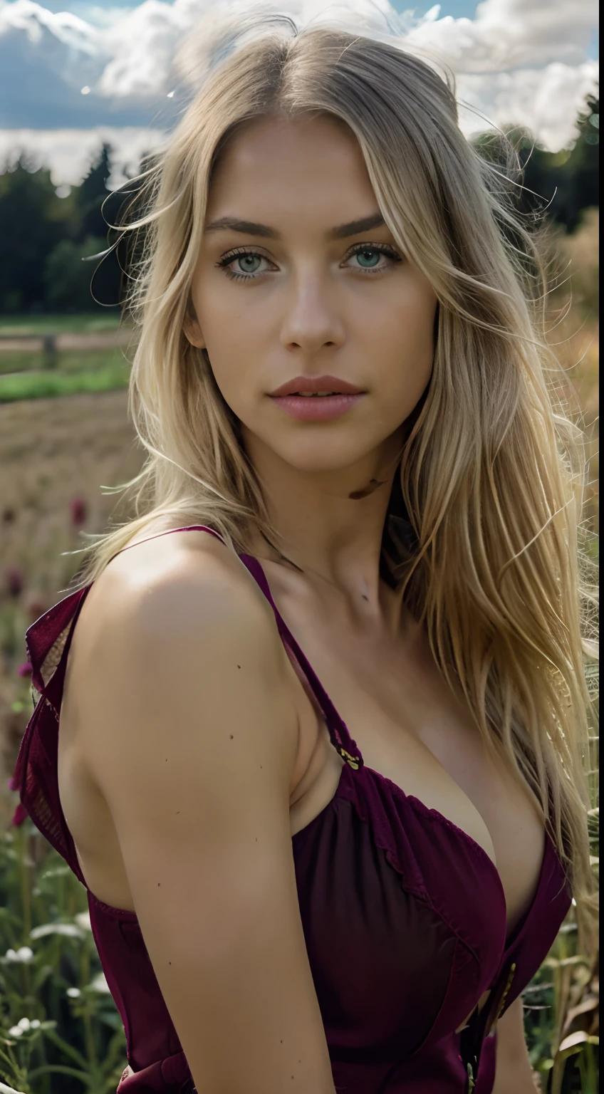 (Helena Lovista) photo of a stunning beautiful woman, 24 years old, perfect fit body, big green eyes, long messy windy blonde hair, green eyes, blonde hair, (realistic:1.3), finely detailed, quality, rembrandt lighting, (masterpiece:1.2), (photorealistic:1.2), (best quality), (detailed skin:1.3), (intricate details), dramatic, ray tracing, 1girl, american white girl, blonde hair, 24 years old, medium breasts, (Meadow, Sun, Clouds, Field, Farming, Starlight, Walking trail), bright red dress, (Nick Knight, Peter Lindbergh style)