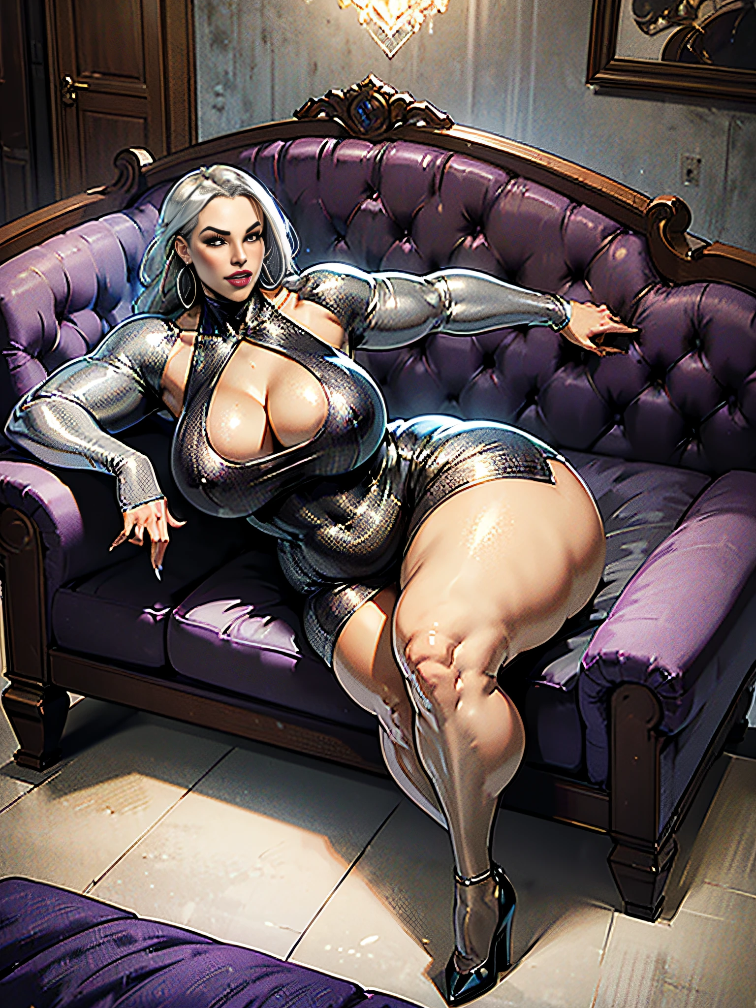 Elaborate CG artwork, (best qualtiy, exquisite detailing, absolute masterpiece), (Head to Toe Image)), ((Full body image)),(Lying on the couch),(plus size model)),((tight dress with slit)), (((mahogany colored dark skin))), ((shorth hair)),(Beautiful with mahogany black skin lying on sofa、Wearing a tight dress and high heels with too small slits),(((Light silver hair))),(((Light silver hair))), Detailed beautiful mature face, very detailed beautiful face and eyes, (detailed seductive and sharp eyes), (plump shiny purple lips)), (Purple Eye Shadow), blush, (sadistic seductive smile), (Curvaceous), ( unbelievably huge curvaceous hips), (very huge sensual ass), (ridiculously massive thick thighs), (glittery skin), (wet oily skin), Fingernail Art, Jewelry, Bracelet, hoop earrings