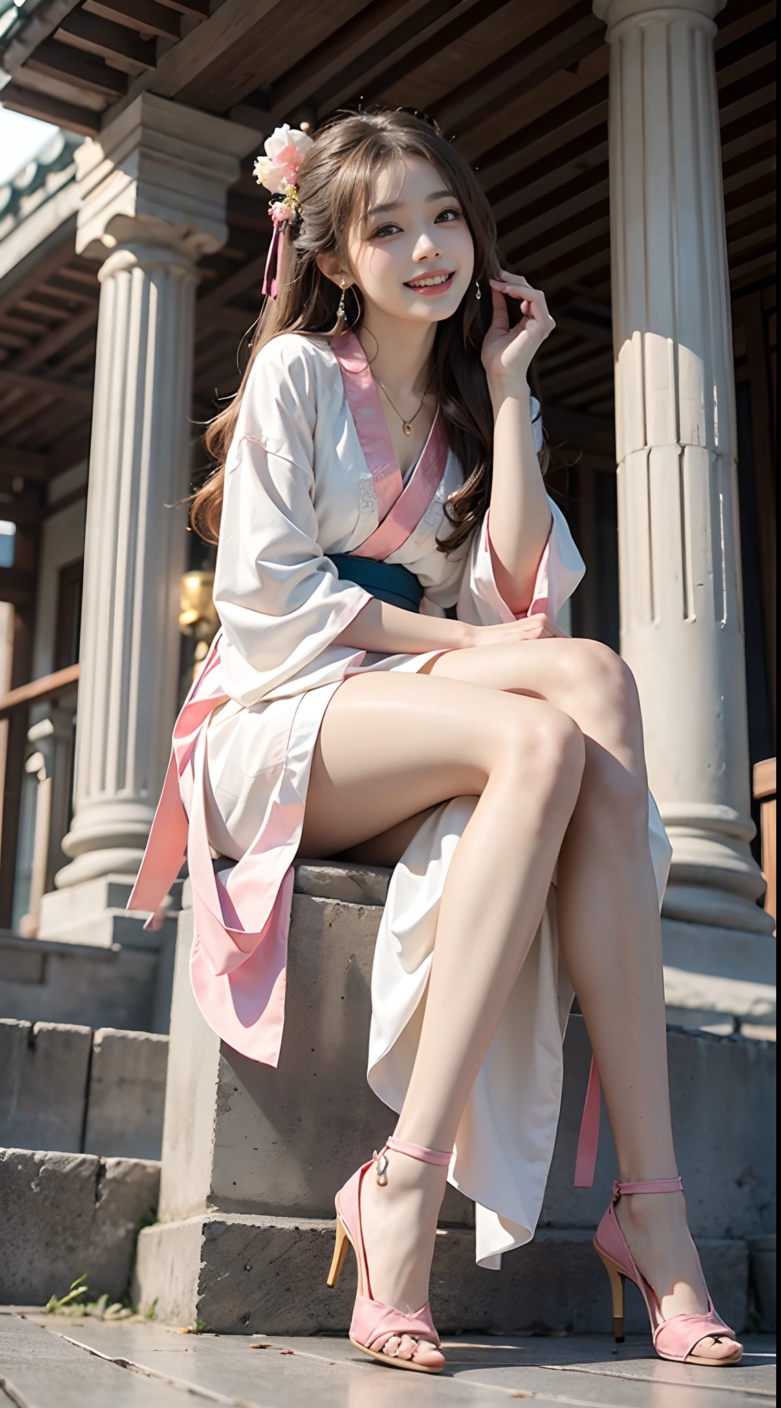 ((full body)), ((from below)), ((realistic)), 1 Korean mixed-race female model, A young girl, (In the gazebo, Sit Pose, Cross ed leg, leaning against pillars), Pleasing posture, Eye-catching poses, Nice long legs, Detailed scenes, curlies, Air bangs, Beautiful hair accessories, Brownish-yellow hair, light make-up, Blushlush, Gloss on lips, ((hanfu, Hanfu, Light yellow, in pink)), warm lights, a warm color palette, Delicate color saturation, Detailed details, ultra-detailliert, (tmasterpiece, best qualtiy), (An extremely delicate and beautiful work), Delicate earrings, Delicate necklace, Simple blurred background, Extreme detail description, Ultra-fine painting, Delicate face, slim toned body, Slimming the waist, (grin, happy grin, Baring teeth), (anatomy correct)