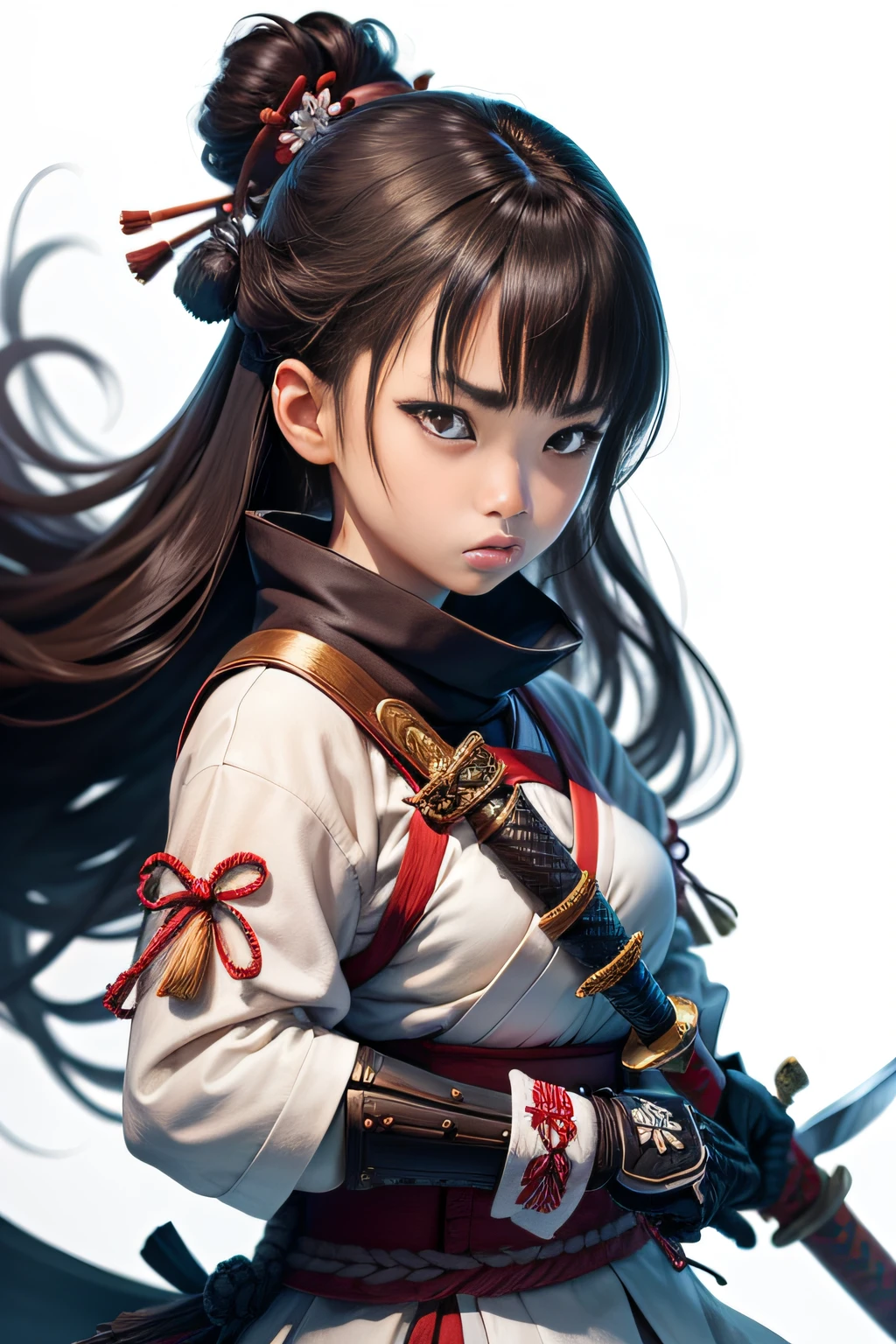 whitebackground, Samurai girl with a sword, s face