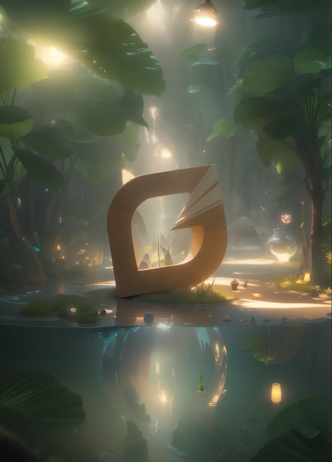 masterpiece,((clean glass,shine:1.2,(transparent:1.1),gloss)),bestquality,( Pixar - style :1.4),(In a cave, at night, surrounded by glowingplants, flowers, flying freflies, bonfres),(Ultra detailed, aesthetic,beautiful composition, rich bright colors, volumetric soft light:1.4),4k,reflection in the water,water ripple Inspired by Alice in Wonderland.magic,fairy tales,unreal Engine,octane render,cuteness render. 3drendering,Adobe Photoshop,beautiful,depth of field,