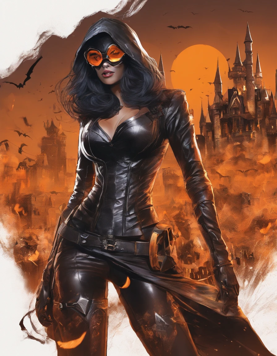 superheroine alias black witch halloween photo with pumpkin haunted castle orange black shades in MARVEL movie style photorealistic cinematic