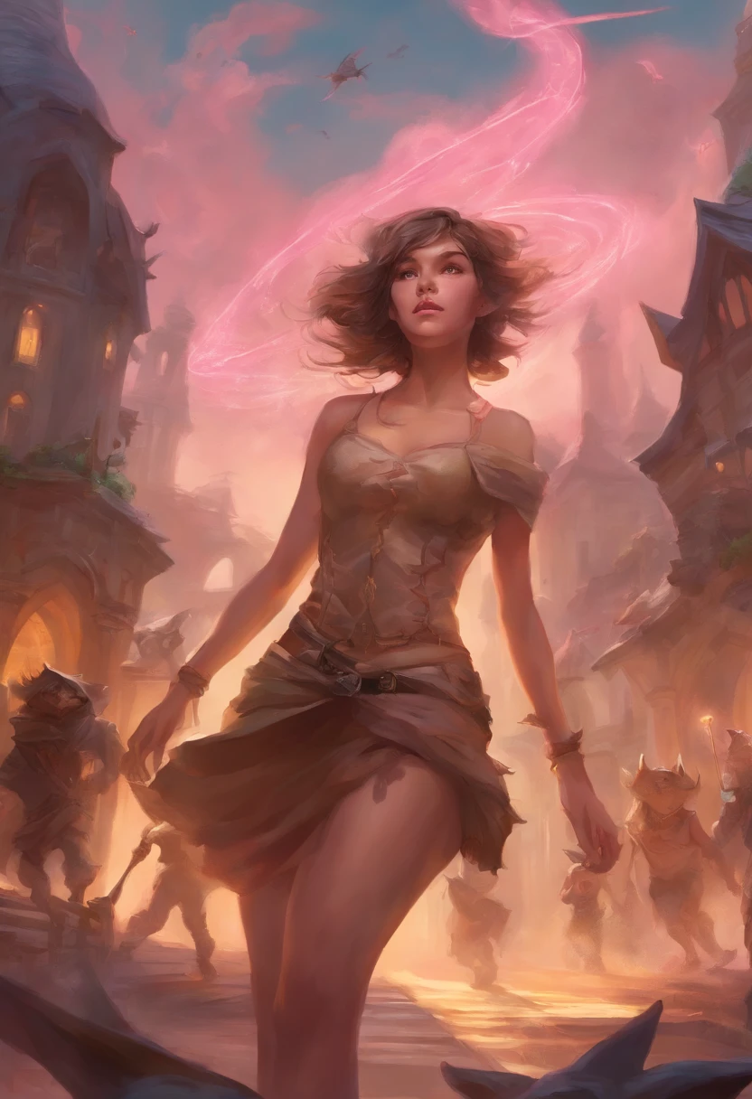 girl getting chased by goblins, thick ass, topless, breast out,short hair,knee high socks,train station,brown hair,pink nipples,