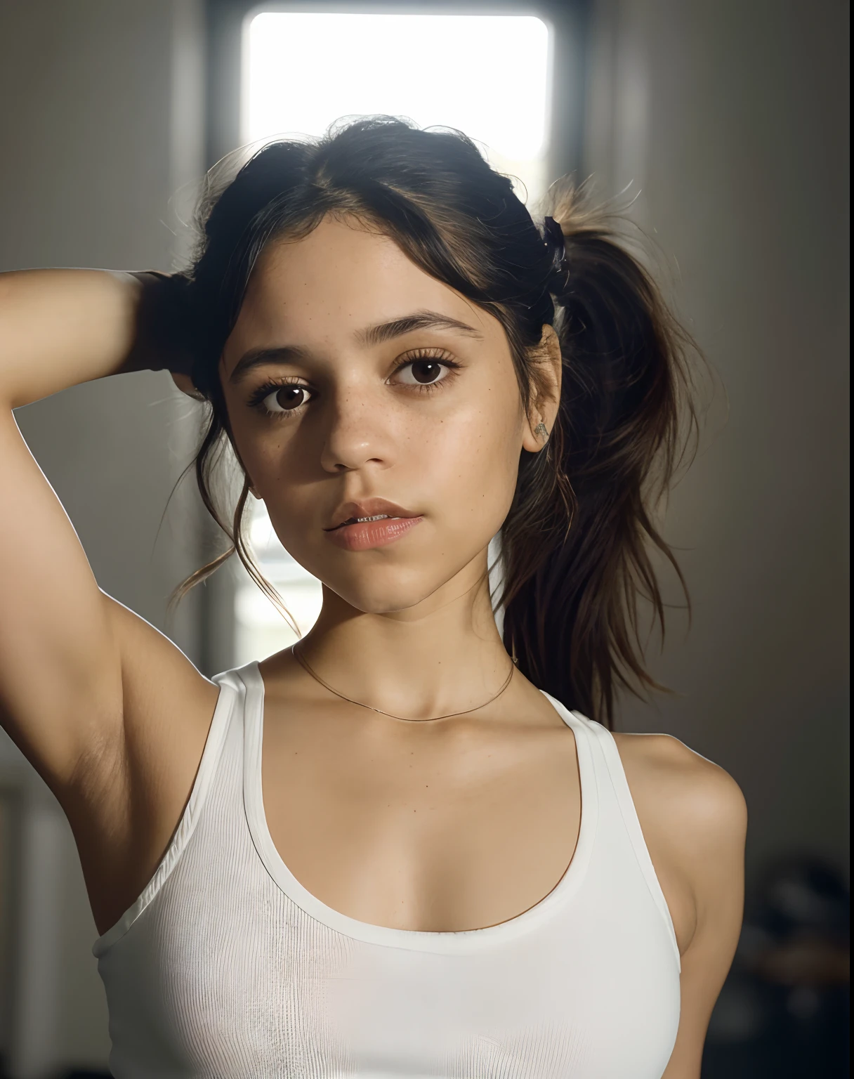 closeup portrait of jortega looking at viewer, trying her hair into pony tail, wearing white top, showing armpits, (masterpiece, extremely detailed skin, photorealistic, heavy shadow, dramatic and cinematic lighting, key light, fill light)