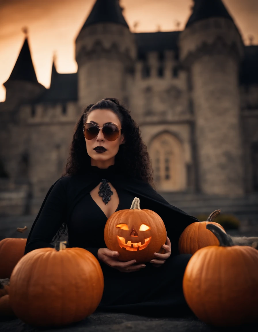 superheroine alias black witch halloween photo with pumpkin haunted castle orange black shades in MARVEL movie style photorealistic cinematic