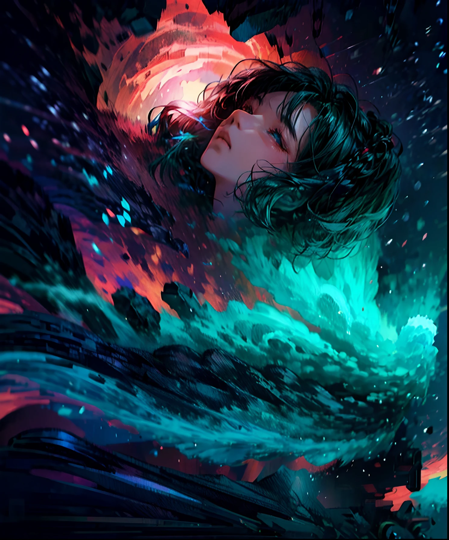 Describe a scene where a cute girl character is lying on a grassy hill, Looking up at the starry sky. Surround her with colorful nebulae and her favorite constellations.