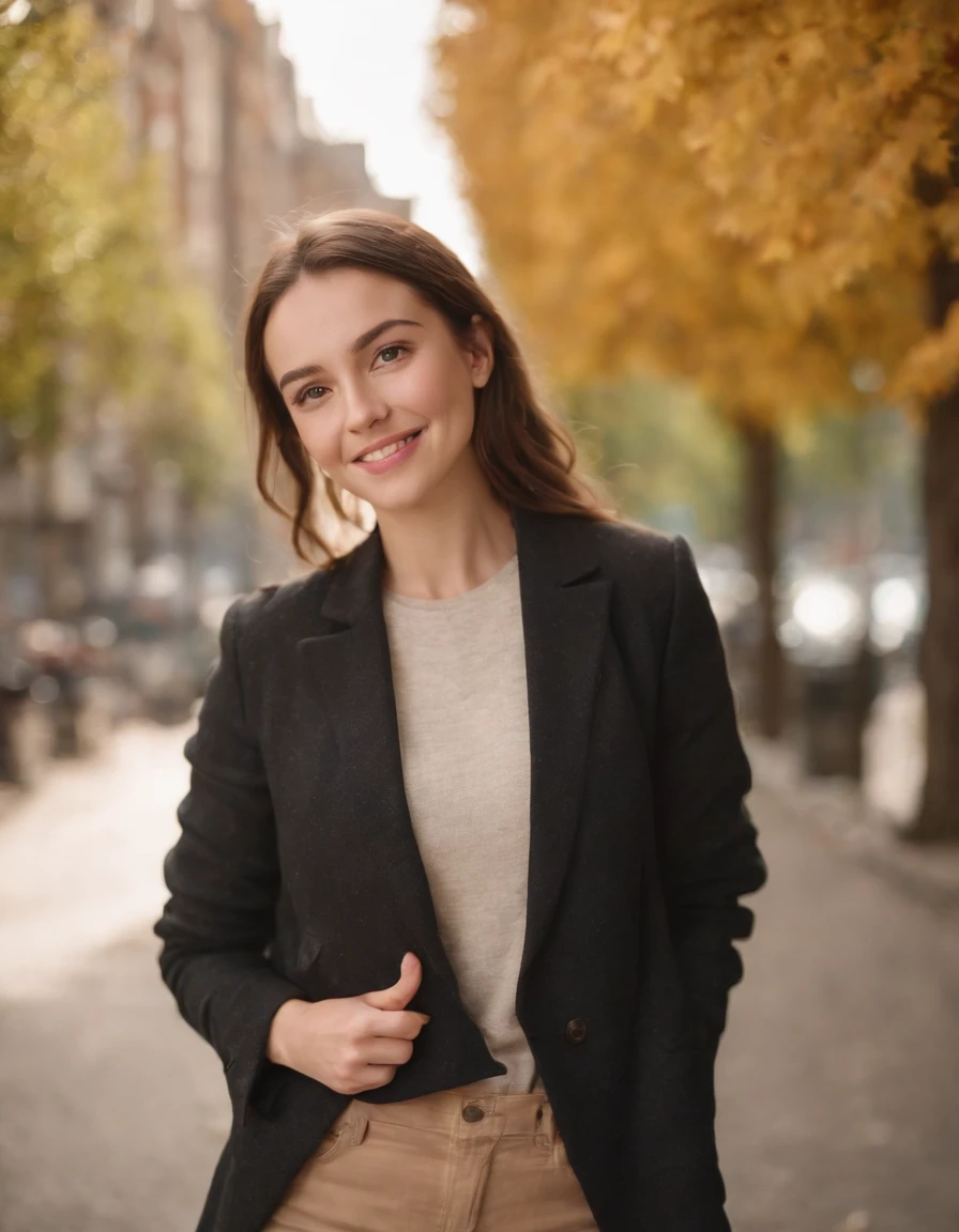 portrait of a woman,soft light,sunshine,(Canon RF 85mm f/1.2L:0.7),Eye-level Angle,standing,smile,Plaid blazer, black jeans, and loafers,street scenery,autumn,