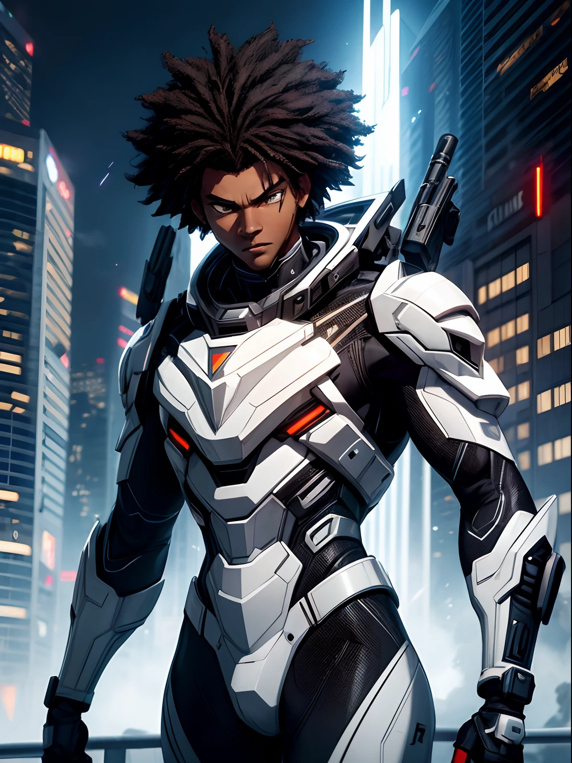 Black boy in a futuristic sci fi suit, Mozambique flag, futuristic gun, black Afro hair, Mozambique flag, badass pose, realistic, white futuristic suit, cyber punk armor, ultra realistic, realism, white thunder, lightning bolts, Mozambique