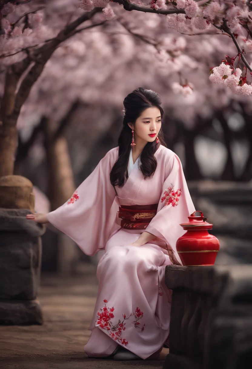 cherry trees、catss、a beauty girl、A dark-haired、Spring clothes、shrines
