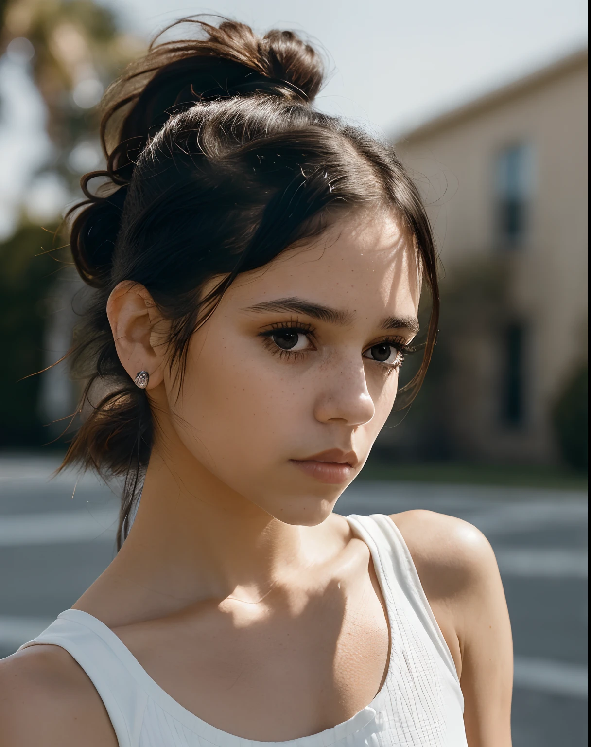 closeup portrait of jortega looking at viewer, trying her hair into pony tail, wearing white top, showing armpits, (masterpiece, extremely detailed skin, photorealistic, heavy shadow, dramatic and cinematic lighting, key light, fill light)