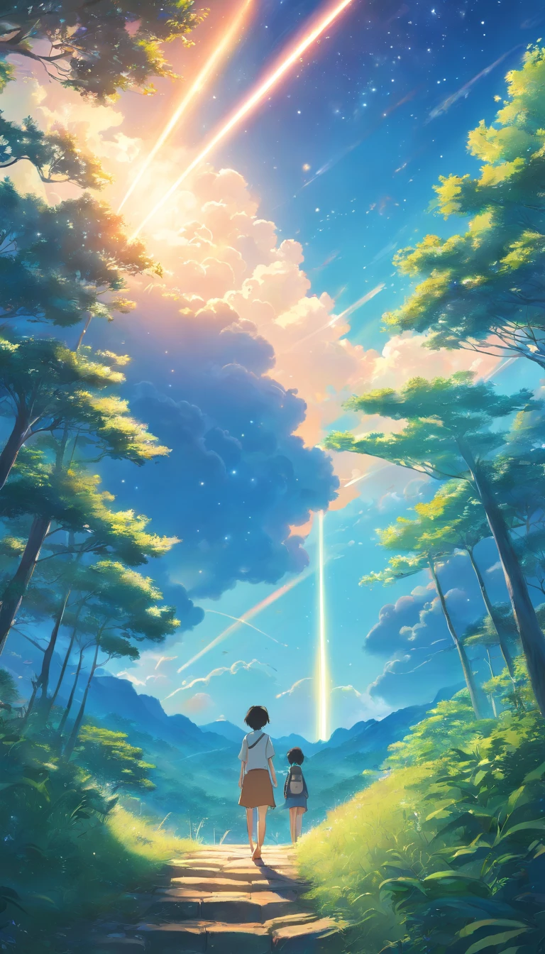 Illustration of a hyperrealistic , otherworldly, ultrasky scene featuring a seed ,very detailed and magical lighting, intricate forest details, vegetation and river around, solarpunk ,landscape, giant tree, beatifull leafy with beautiful lighting and realistic proportions, as if it were a cinematic background, 8k, highest quality, masterpiece, clouds and stars in the sky.
