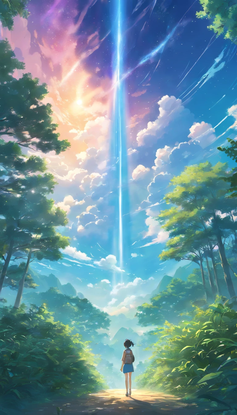 Illustration of a hyperrealistic , otherworldly, ultrasky scene featuring a seed ,very detailed and magical lighting, intricate forest details, vegetation and river around, solarpunk ,landscape, giant tree, beatifull leafy with beautiful lighting and realistic proportions, as if it were a cinematic background, 8k, highest quality, masterpiece, clouds and stars in the sky.