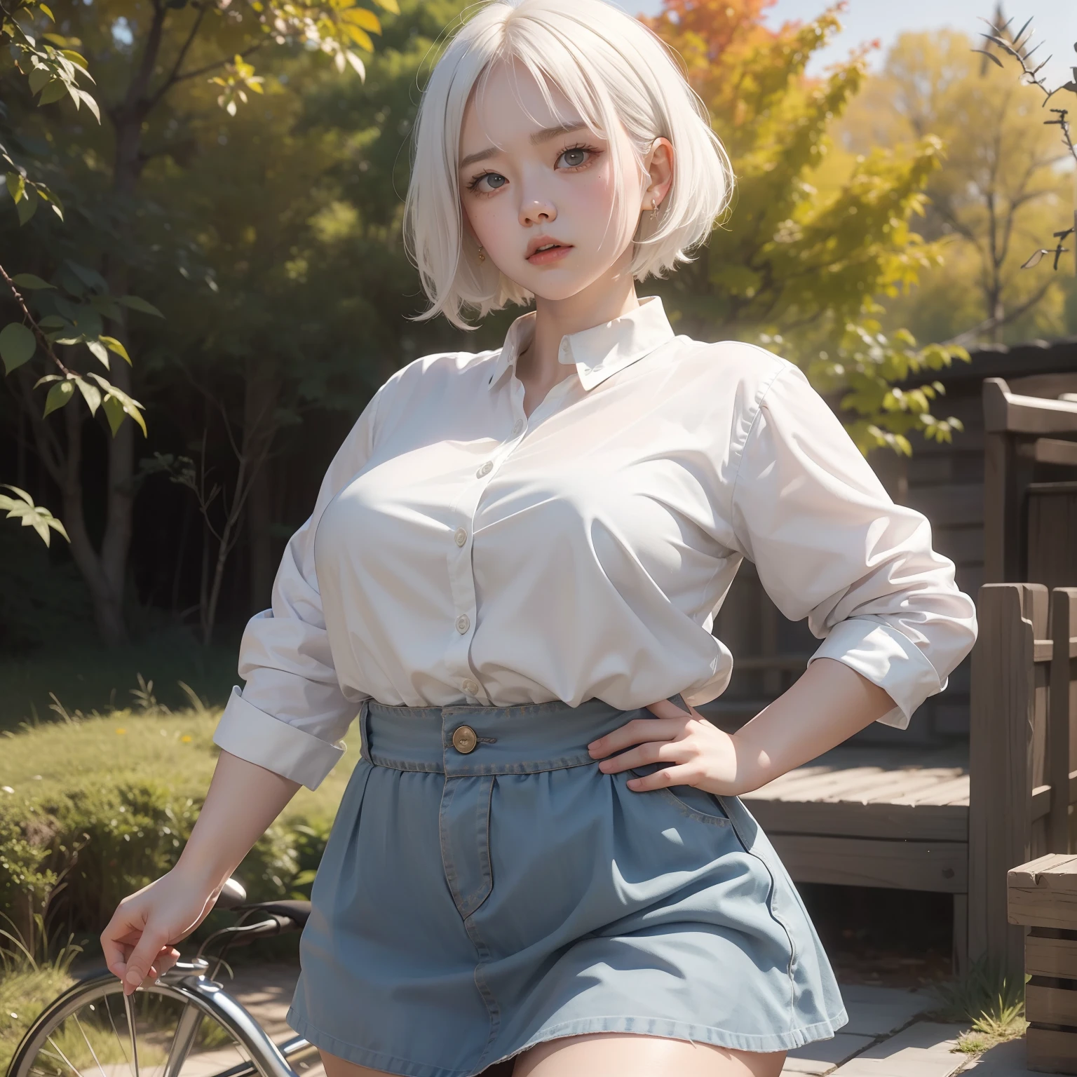 Very short hairstyle、Little fat girl、13years、white  hair、short-haired、Transparent cotton shirt、A little angry face、sulky face、Autumn landscape、Hair illuminated by the sun、Little fat woman、skirt by the、white  hair、shorth hair、Troubled face、hightquality、a miniskirt、校服、tanned face、tiny chest、Underwear is visible from the skirt、A sexy、Sheer nipples