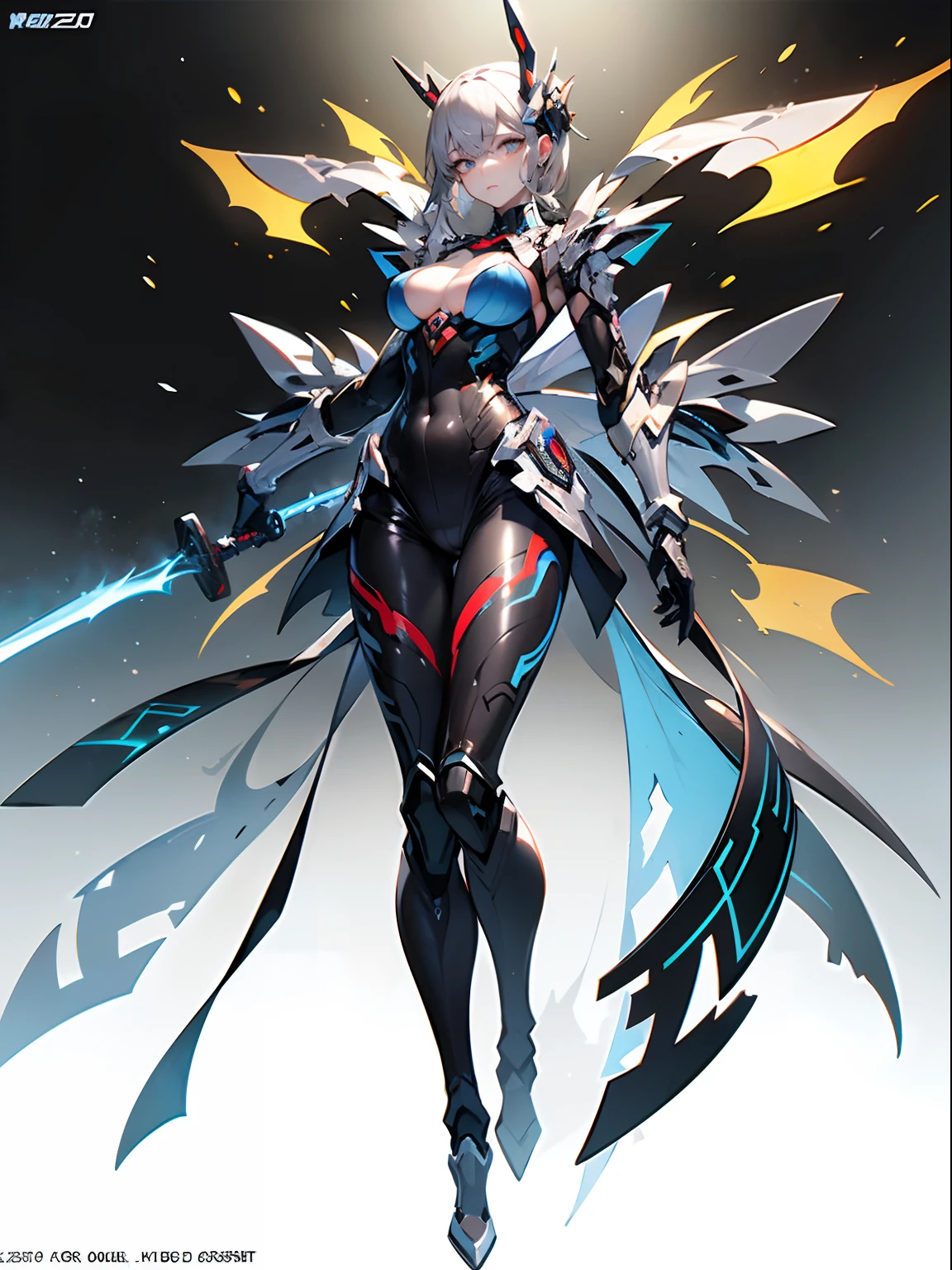 tmasterpiece,best qualtiy,ultra - detailed,Kizi,blue color eyes,Eyes with fire,Beautiful face,Beautiful eyes,Handheld dark red katana(The blade carries a raging fire),(Translucent body,Reflex the skin),(((Masterpiece))), (((best qualityer))), ((Ultra-detailed)), (illustration), (detailed light), ((an extremely delicate and beautiful)),The mech has a smooth surface, (highdetailskin:1.2),Proper body proportion、perfect anatomia,complex mechanical bodysuit、mecha corset、tightsuit,(The mech is slightly transparent)20yr old,The mech is ready,There are many blue flames around the figure