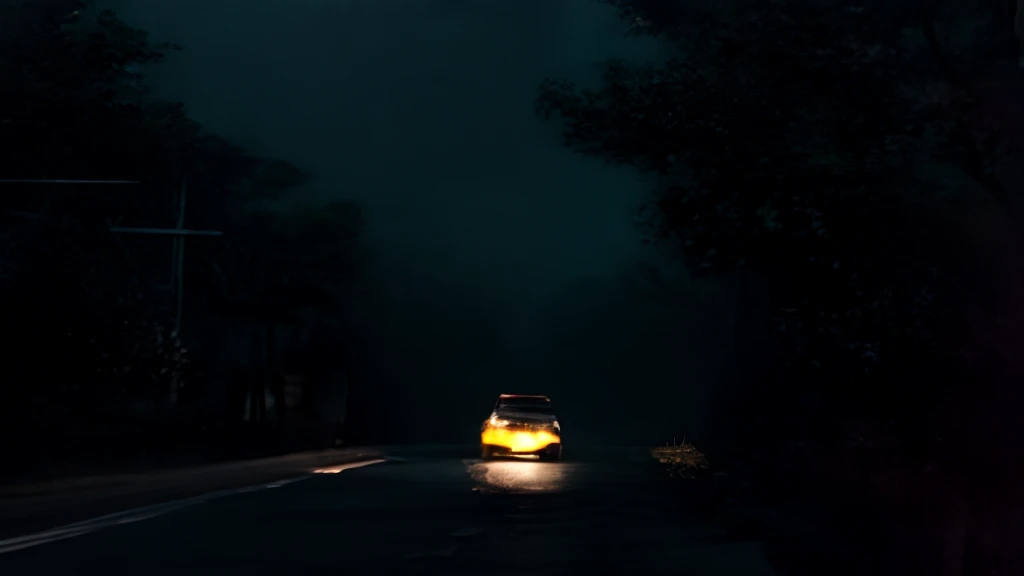 Horror movies were filmed，Taxis drive on shady roads，On the highway of horrors，The roads are empty，during night, the rule of thirds, Tonal color scheme, pastel green, Contemplative silence, Bokeh, Mystery, Horror, unholy, eerie, Creepy, Moody lighting, In the style of Denis Villeneuve, cinematic Film still from, cine still 800