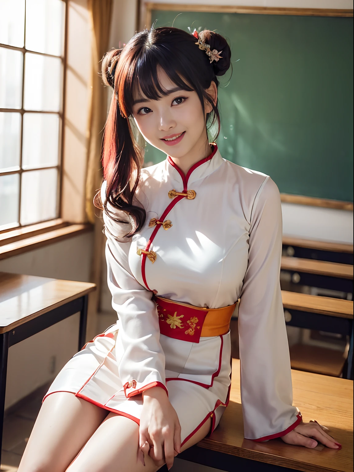 ((8K, RAW Photos, of the highest quality, Masterpieces), high definition RAW color photos professional photos, (Realistic, Photorealism: 1.37), (Highest Quality), (Best Shadows), (Best Illustrations), ((Cute, Beautiful, Ultra High Resolution, High Definition CG Unified 8K Denden Wallpaper, Physically Based Rendering, Movie Lighting), (aegyo sal:1), (cowboy shot),(1 japanese woman),(Photo of a woman in Japan 34 years old), (medium breasts), (sexy Face), (Random colored Ao dai),High School Classroom, Beautiful detail eyes, Light on the Face, ((Cowboy Shot: 1.2)), especially strong light, (Upper Eyes, Grinning smile:1.2),Shiny skin, ((Chinese buns)), ((Random colored hair)), (thick thighs), ulzzang -6500-v1.1:0.2, Shy, (The Flash:1.2), ((enchanting posture: 1.3, Attractive: 1.2)), (idle), ((Good anatomy: 1.2)), ((Bright and refreshing classroom, the background is blurred: 1.2)), Perfect face, Cute face, (high-angle shot:1.2)