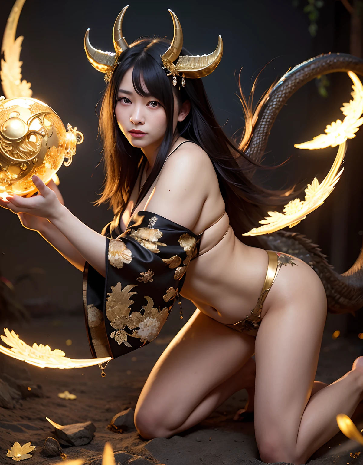 ((World of Darkness)),Professional , masterpiece、top-quality、photos realistic , depth of fields 、Dark Fantasy、(a beauty girl)、(shooting stars:0.9)、(nebulas:1.3)、A dark-haired、(White bikini armor)、(Mystical expression)、(The fox has five tails)((Fight dragons)),(Wear a beautiful kimono),(Wear a beautiful kimono with colorful floral patterns)、Jewel Gold Weapon、Particles of light),(Has a devil's mask)、Gorgeous gold weapons ,(( Gorgeous Dragon Sword)) , (Fox Mask),,(maikurobikini) 、((Black Haired Beautiful Girl))、(Castle background)、(demonic wings)、((Gangle's forest background))、Beautiful Caucasian beauty、1a person、dynamic ungle,(((Two devil's horns on the head)))、Smaller head、Idle Smile、Thin and beautiful female hands、Mystical expression、Light Effects、intense fighting、Wind-effect、magic circles、With the legendary magic wand、Dragon's tail、