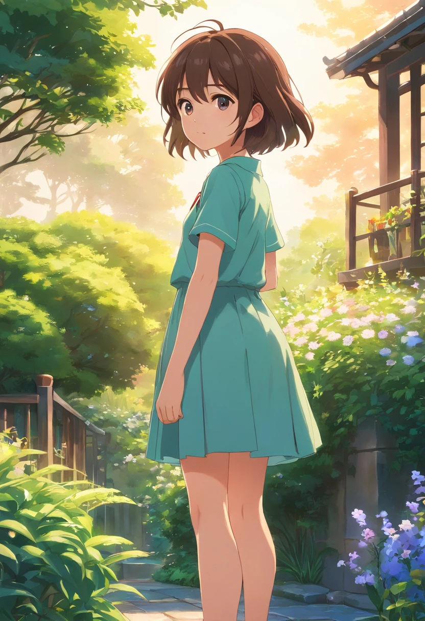 A 3 brunette girl standing in the garden, high high quality, Clear focus (mess - house: 0.8), (tmasterpiece: 1.2) (realisticlying: 1.2) (Bokeh) (best qualityer) (Detailed skins: 1.3) (intricately details) (8K) (eye detailed) (foco nítido), (having fun) (a variety of poses) desenho