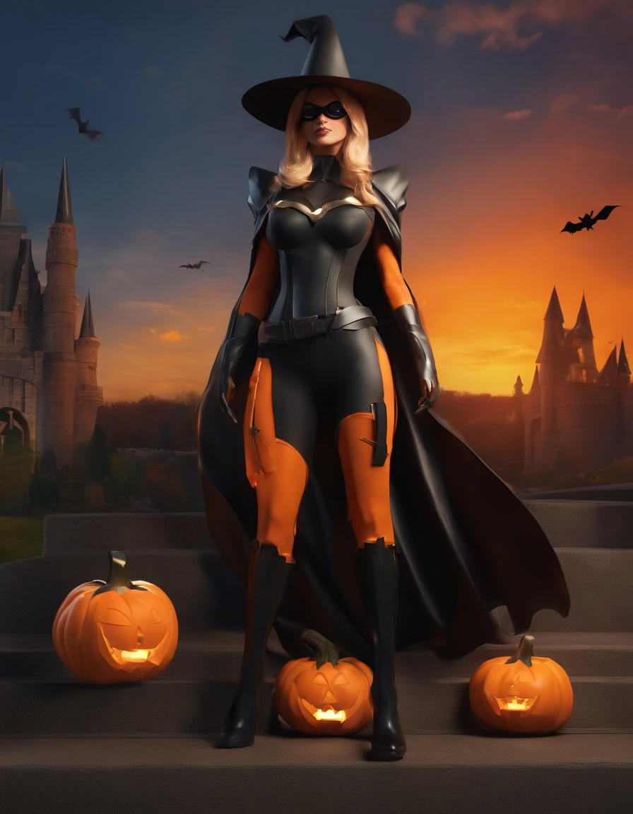 superheroine alias black witch halloween photo with pumpkin haunted castle orange black shades in MARVEL movie style photorealistic cinematic