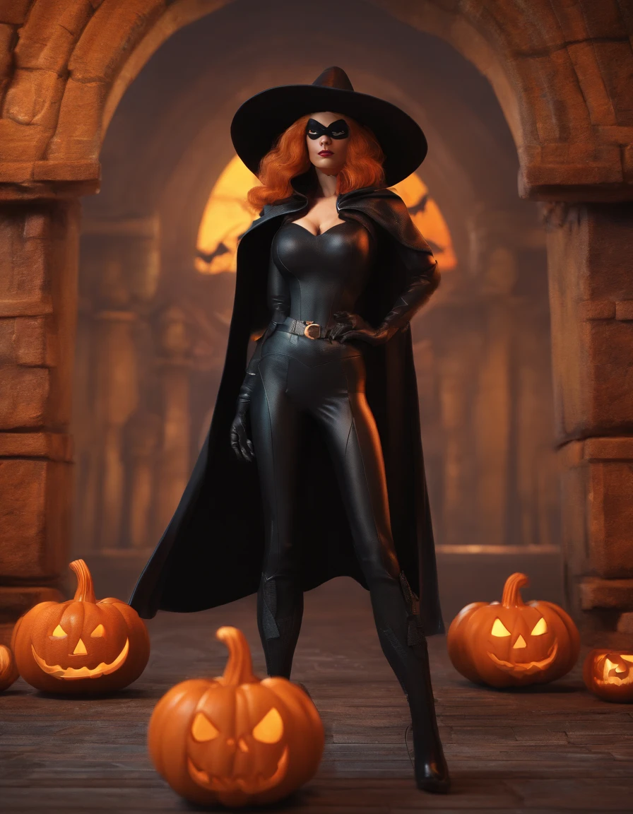 superheroine alias black witch halloween photo with pumpkin haunted castle orange black shades in MARVEL movie style photorealistic cinematic