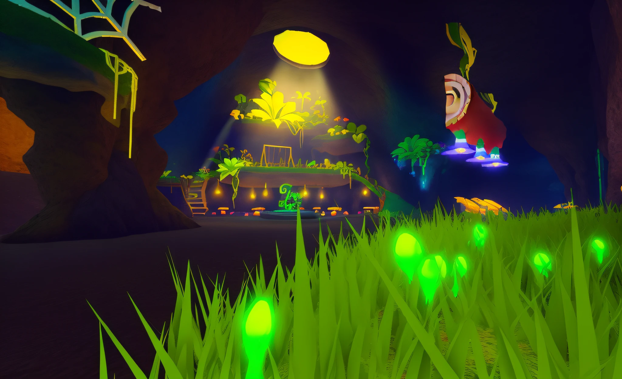 There is a small green plant in the middle of the field, Inside the alien jungle, videogame screenshot, video game screenshot>, pc screenshot, game screenshot, inside the wishing well cavern, life simulator game screenshot, gameplay still, Alien jungle, videogame still, ambient cave lighting, Screenshots of internal gameplay, magical cave, intricate rainbow environment, beautiful screenshot