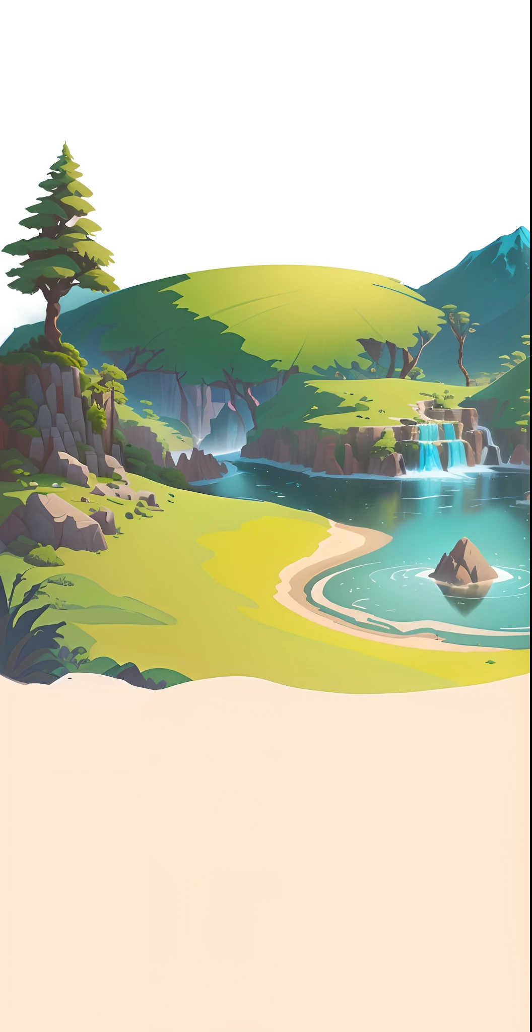 Beautiful mountain landscape with cartoon illustration of river and trees, arte de fundo, Mobile game background, background artwork, Island background, background jungle, Eau,small stream,sandbeach,2 D game art background, desert oasis background, distant village background, fairy tale style background, jungle backdrop, Mobile game art, jungle background with ruins, natural landscape background, Landscape background, game background