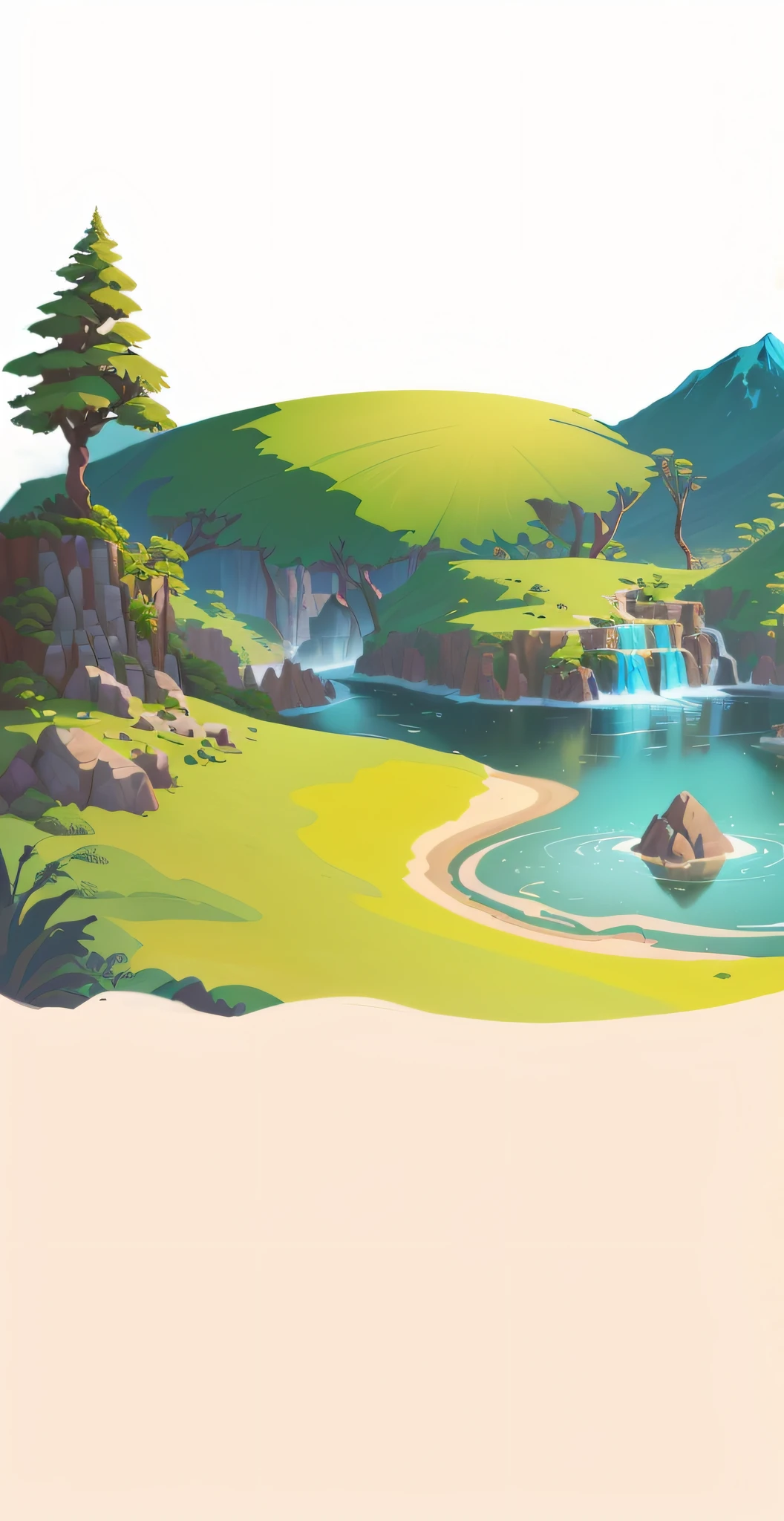 Beautiful mountain landscape with cartoon illustration of river and trees, arte de fundo, Mobile game background, background artwork, Island background, background jungle, Eau,small stream,sandbeach,2 D game art background, desert oasis background, distant village background, fairy tale style background, jungle backdrop, Mobile game art, jungle background with ruins, natural landscape background, Landscape background, game background