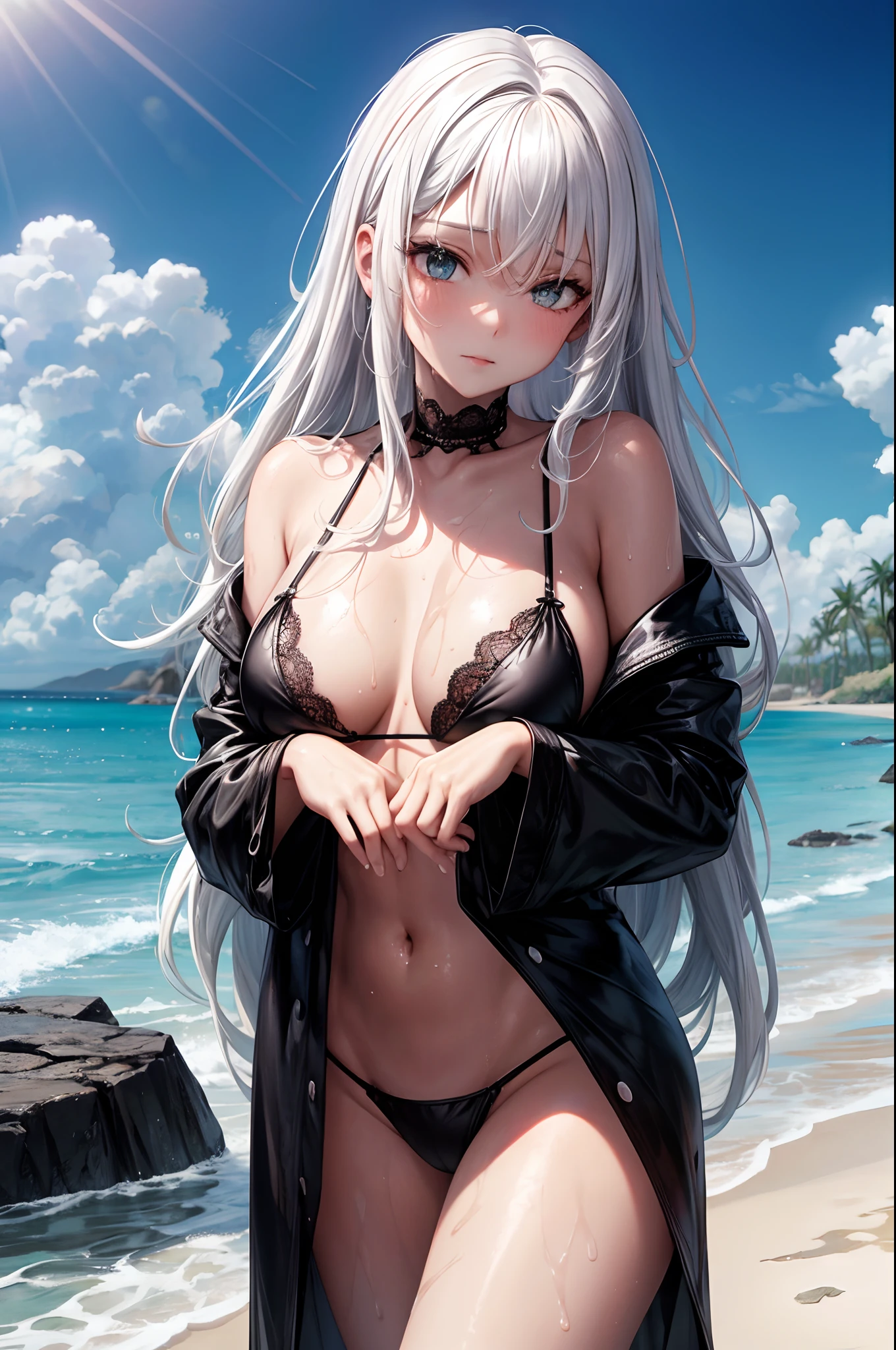 white hair long, black lace bikini, wet, beach