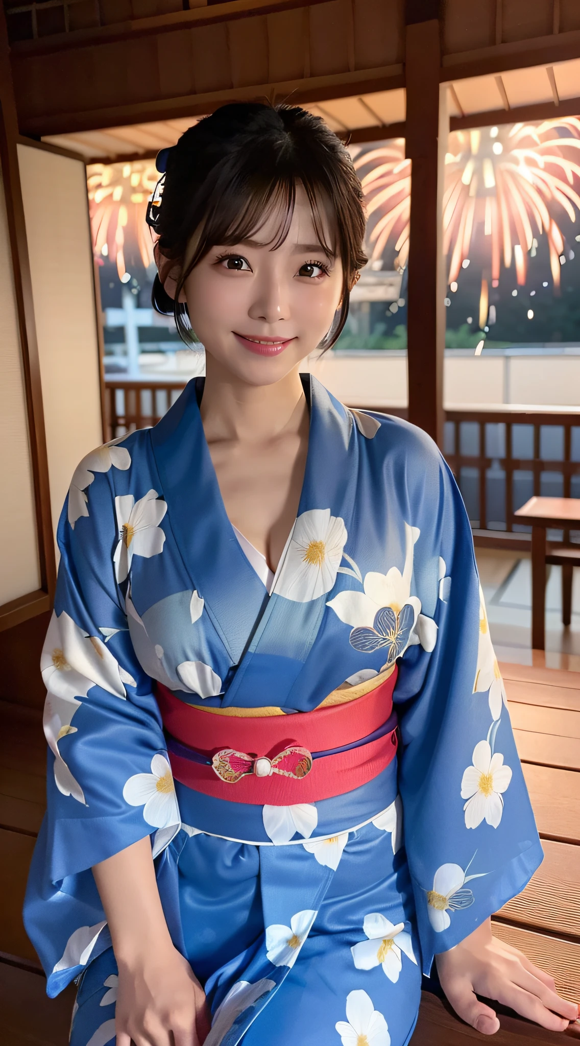 (8K、Raw photography、top-quality、masterpiece:1.2)、(reallistic、Photorealsitic:1.37)、The ultra -The high-definition、1 girl in、cute little、独奏、natta、Sitting、date、(Nasal redness)、(A smile:1.1)、(Closed)、Colossal tits、beautidful eyes、(short-hair:1.2)、(((Fireworks in the sky、natta)))、(((Kimono、Yukata)))、cleavage on the chest、perfect bodies、Perfect fingers、profetional lighting、goddess of Japan、gravure、Detailed face and skin texture、A detailed eye、Raw photo