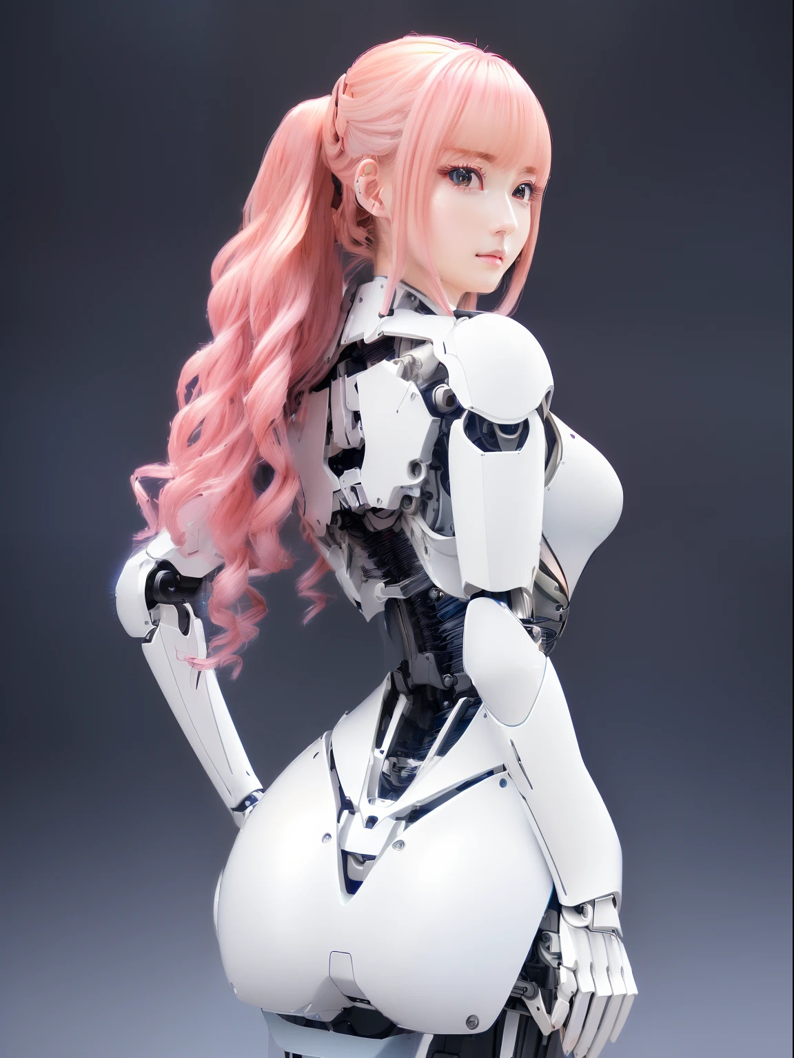 ((masutepiece)), ((top-quality), high quarity、ultra-definition, Realistic,  fulcolor 、One beautiful robot woman、Joints of machines、Frame of the machine、Thick wire joints、White porcelain armor、(Curvaceous face)、deadpan、Pink Long Hair、Wide Shot、Mechanical parts on the back、facing back