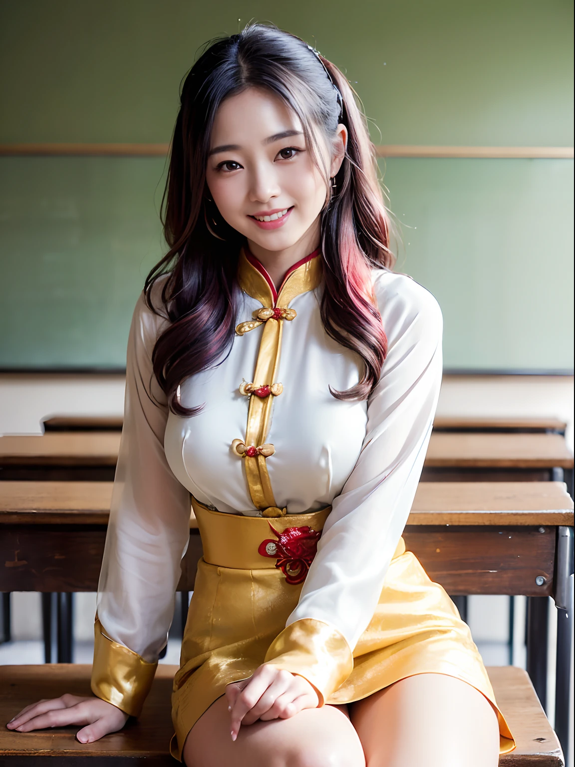 ((8K, RAW Photos, of the highest quality, Masterpieces), high definition RAW color photos professional photos, (Realistic, Photorealism: 1.37), (Highest Quality), (Best Shadows), (Best Illustrations), ((Cute, Beautiful, Ultra High Resolution, High Definition CG Unified 8K Denden Wallpaper, Physically Based Rendering, Movie Lighting), (aegyo sal:1), (cowboy shot),(1 japanese woman),(Photo of a woman in Japan 34 years old), (medium breasts), (sexy Face), (Random colored Ao dai),High School Classroom, Beautiful detail eyes, Light on the Face, ((Cowboy Shot: 1.2)), especially strong light, (Upper Eyes, Grinning smile:1.2),Shiny skin, ((Chinese buns)), ((Random colored hair)), (thick thighs), ulzzang -6500-v1.1:0.2, Shy, (The Flash:1.2), ((enchanting posture: 1.3, Attractive: 1.2)), (idle), ((Good anatomy: 1.2)), ((Bright and refreshing classroom, the background is blurred: 1.2)), Perfect face, Cute face, (high-angle shot:1.2)