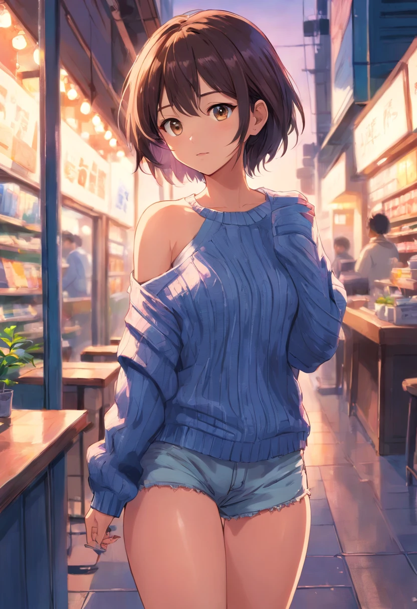 (), tetas grandes,(Masterpiece), Best Quality, Extremely detailed, (watercolour), bloom, delicate and beautiful, illustartion, (From Bottom),(1girl:1.4), (独奏:1.2), large breasts, (Ribbed sweater:1.3), sweater off-shoulders, (Short shorts:1.2), bare shoulders, (underbreasts), ((dark skin:0.8)), Beautiful eyes, (disheveled hair ), photografic, over shoulder shot, Alexey Maleev, Professional, Canon camera, Nikon camera, Sharp, bokeh, studio quality, fisheye lens, Robert Kapa ,