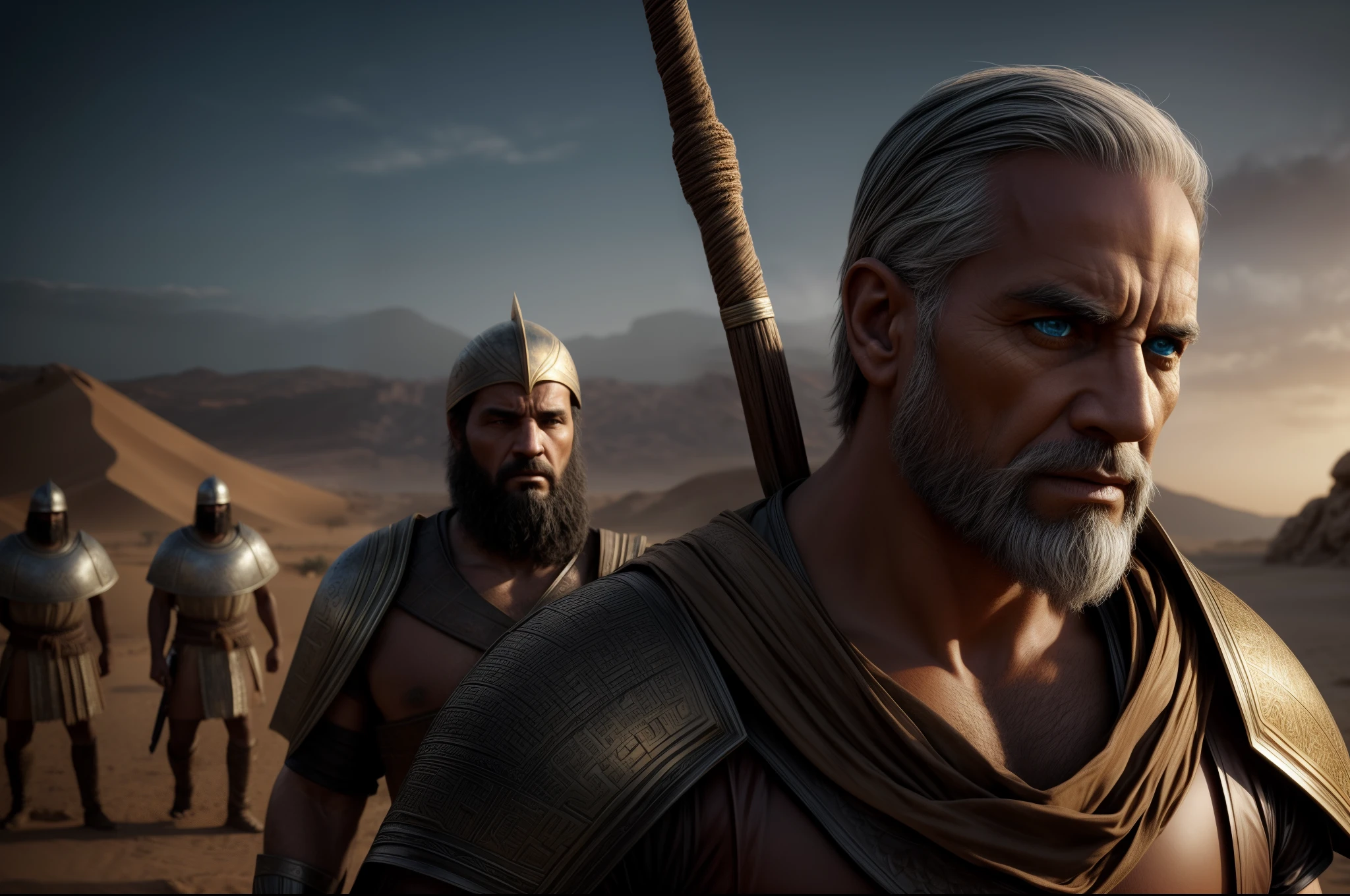 Photo of several Israelites warriors in battle, Israelites warriors, several men attacking with ferocity, rostos bem definidos, fierce expression, armed with spears, escudos e espadas, gloomy setting, skirmish, Biblical Vision, homens israelitas, lutando no deserto, cinemactic, obra-prima, 8k, detalhes intrincados, biblical movie scene, (Biblical garments), Realismo extremo, Highly epic style, trabalho-primoroso, personagens rudes, dark epic, fundo deserto no estilo Sinai, Motor Unreal 5, Motor Unreal 5 4 K UHD imagem, 8k portrait render, hiper-realista, Blurry cinematic background,fotorrealista, studio dark, Rim lighting, dual-tone lighting,8k UHD, DSLR, soft-lighting, alta qualidade, volumeric lighting, sincero, fotografia, alta resolução, Realistic cinematic portrait, cinematic bust portrait, arte conceitual ultra realista, Wojtek FUS, arte digital hiper detalhada, arte dos personage do motor irreal, arte de personagem impressionante, Arte conceitual 4K e hiper realismo, Arte digital altamente realista, FOTO escura: epic realistic, ((Biblical garments)) Soft cinematic portrait, Adobe Lightroom, photographic lab, altamente detalhado, desbotado, (cores neutras: 1,2), (HDR: 1,4) , (cores suaves:1.2), hiperdetalhado, (art-station:1.4), cinemamatográfico, luzes quentes, dramatic light, (detalhes intrincados:1.1), fundo complexo, (Rutkowski:0.66), (azul e laranja:0.4)(((olhos bem detalhados)))Wise old man, trabalho primoroso, obra prima, 8k, ultradetalhado, cinema, soft-lighting, alta qualidade, obra-prima