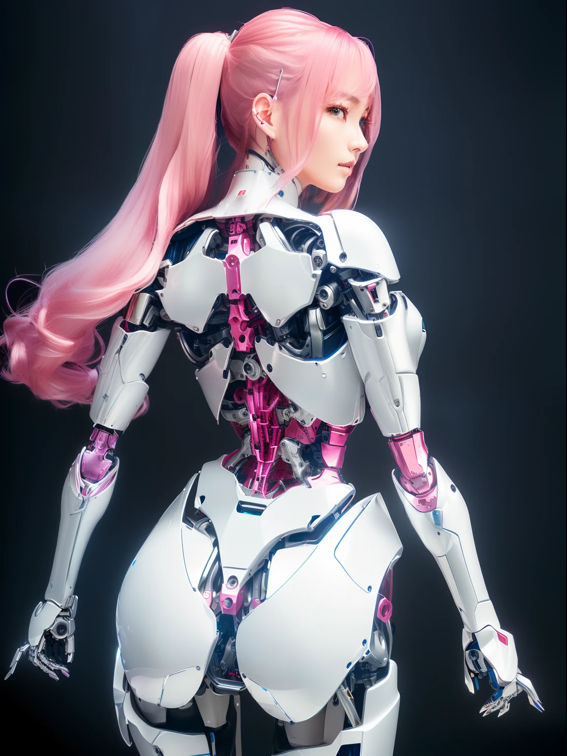 ((masutepiece)), ((top-quality), high quarity、ultra-definition, Realistic,  fulcolor 、One beautiful robot woman、Joints of machines、Frame of the machine、Thick wire joints、White porcelain armor、(Curvaceous face)、deadpan、Pink Long Hair、Wide Shot、Mechanical parts on the back、facing back