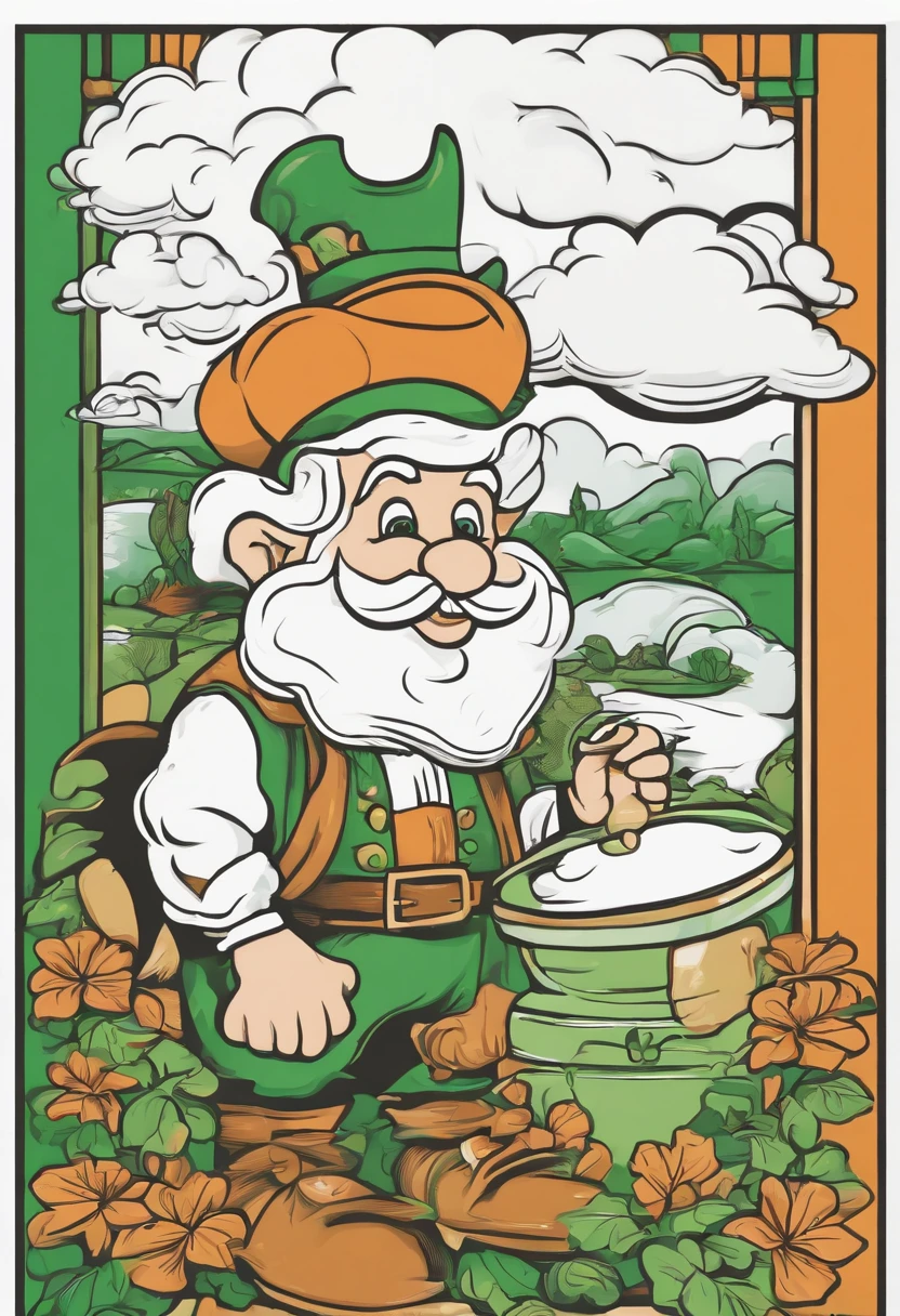 90s Nostalgic Marker Art: Leprechaun with Pot of Gold (Greens and Whites), Design, Professional Vector, Full Design, Marker Style Outlines, Solid Colors, Warm Colors, Bright Colors on White Background, Micron Liner, Soft Focus , blue, orange, green (neon), red (vibrant), black dominant environment, bold lines, ghost white sheet, bold black lines