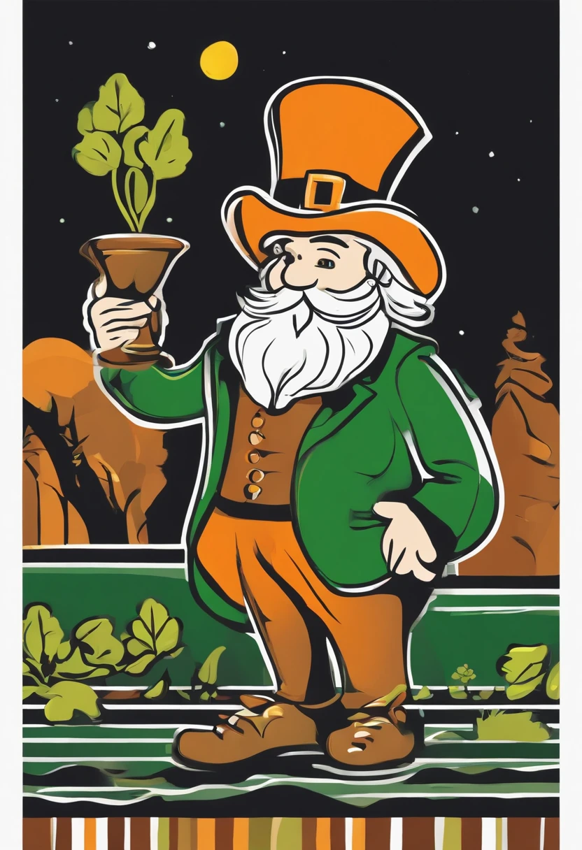 90s Nostalgic Marker Art: Leprechaun with Pot of Gold (Greens and Whites), Design, Professional Vector, Full Design, Marker Style Outlines, Solid Colors, Warm Colors, Bright Colors on White Background, Micron Liner, Soft Focus , blue, orange, green (neon), red (vibrant), black dominant environment, bold lines, ghost white sheet, bold black lines