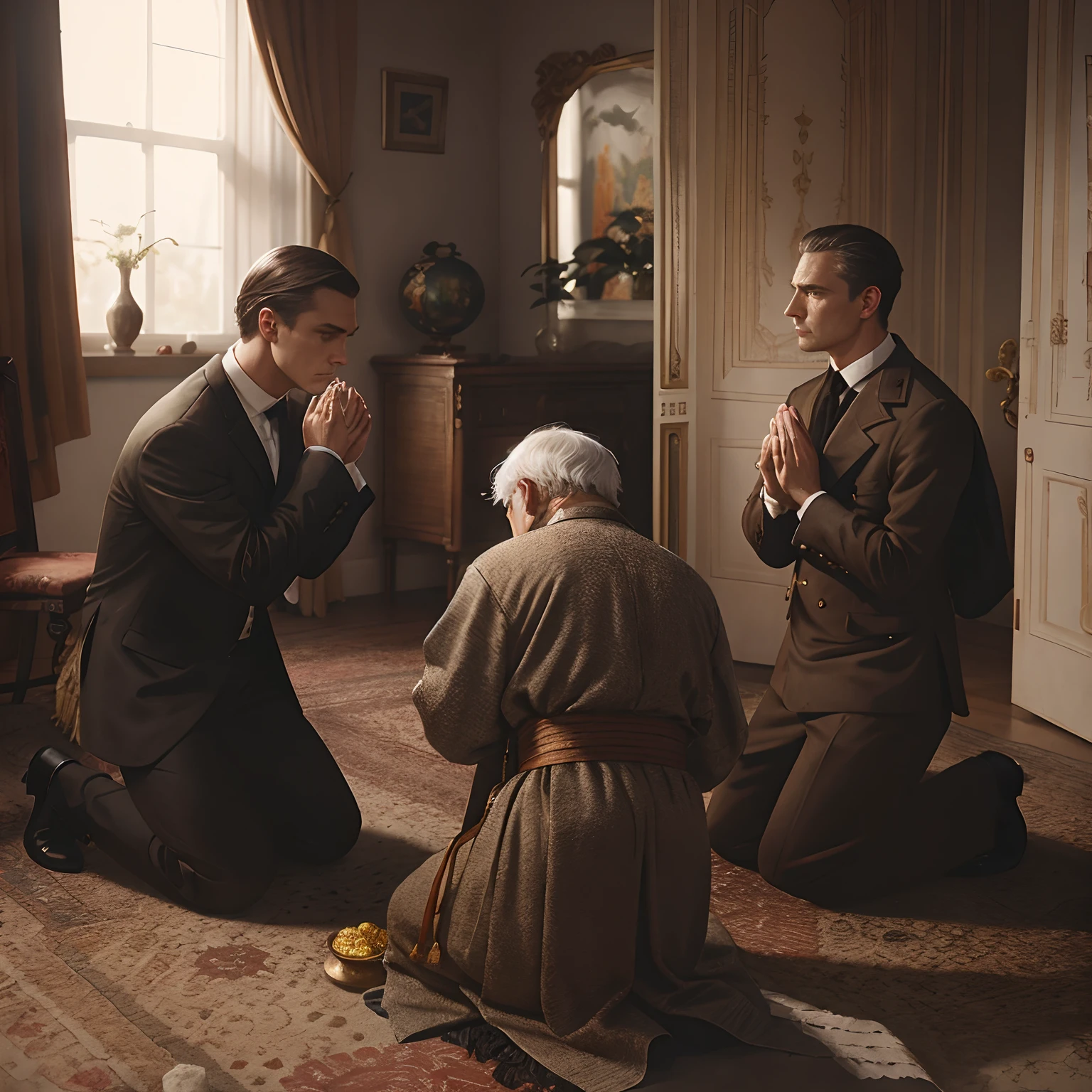 There are two men kneeling and praying in a room, Erwin Olavo, Directed by: Harry Haenigsen, kneeling in prayer, ainda do filme, ainda de um filme live action, ainda do filme, Ajoelhado diante do Papa, Directed by: Julian Fałat, cena de um filme, Alexey Egorov, Directed by: Daniel Ljunggren