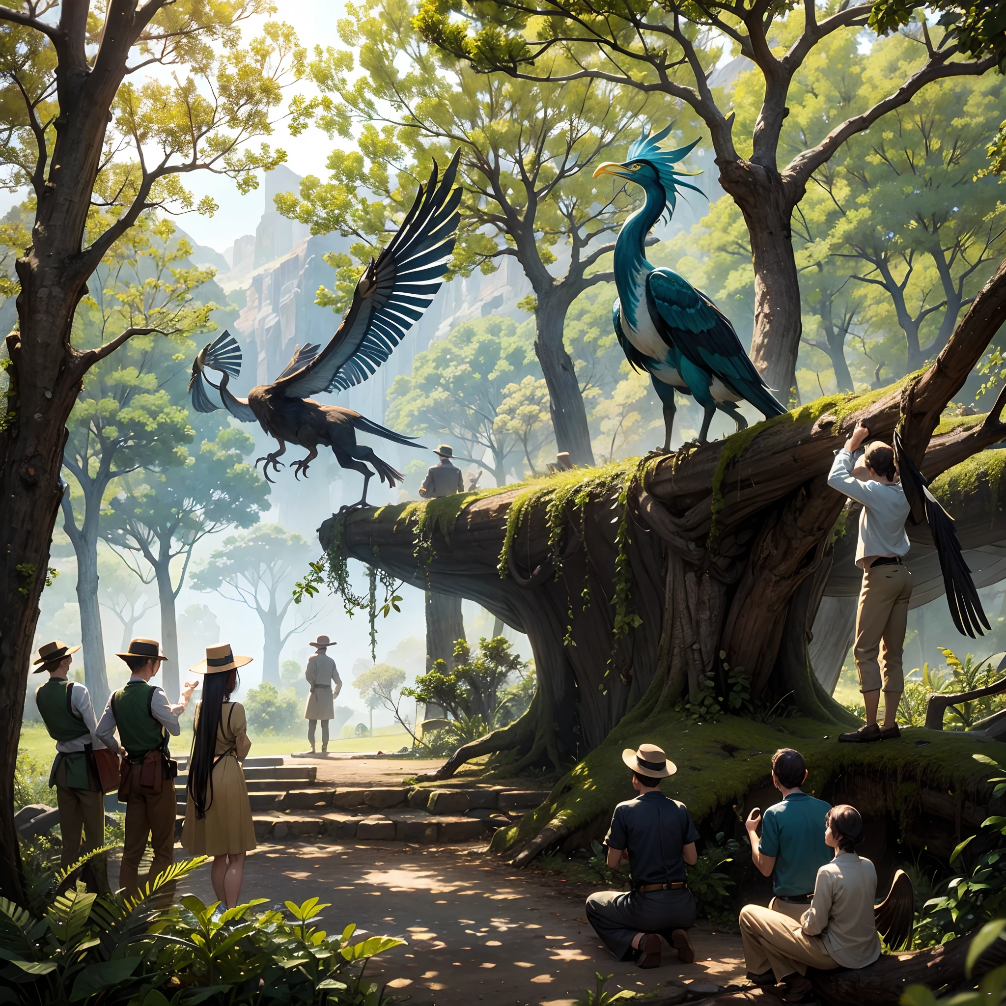 1920 photo of a living Archaeopteryx standing on a tree branch, with several people watching in surprise