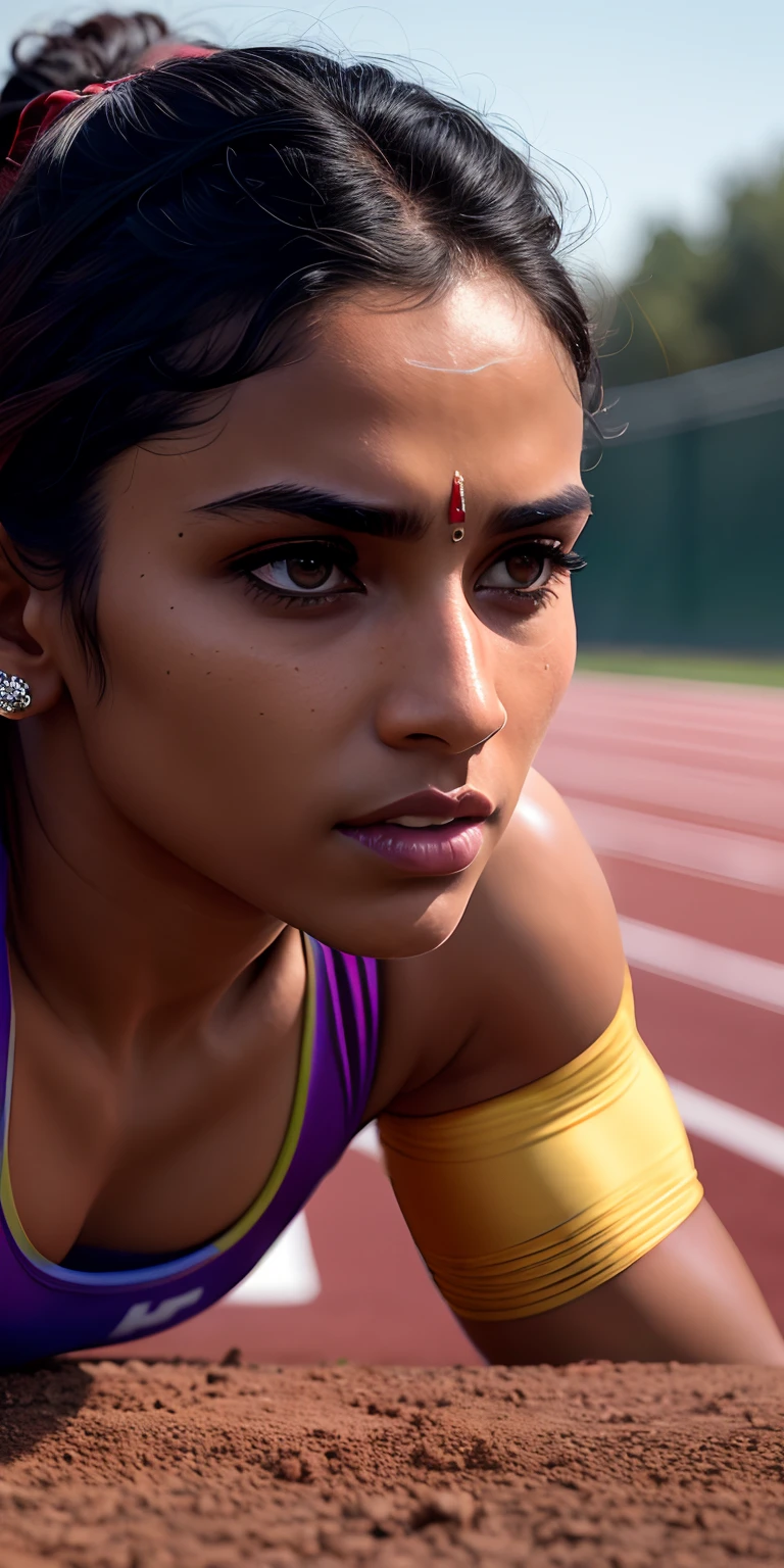 beautiful muscular Indian college girl, in track outfit, outside on track field, ((buff, petite)), photorealistic, photo, masterpiece, realistic, realism, photorealism, high contrast, have huge muscles and super strong photorealistic digital art trending on Artstation 8k HD high definition detailed realistic, detailed, skin texture, hyper detailed, realistic skin texture, armature, best quality, ultra high res, (photorealistic:1.4),, high resolution, detailed, raw photo, sharp re, by lee jeffries nikon d850 film stock photograph 4 kodak portra 400 camera f1.6 lens rich colors hyper realistic lifelike texture dramatic lighting unrealengine trending on artstation cinestill 800,