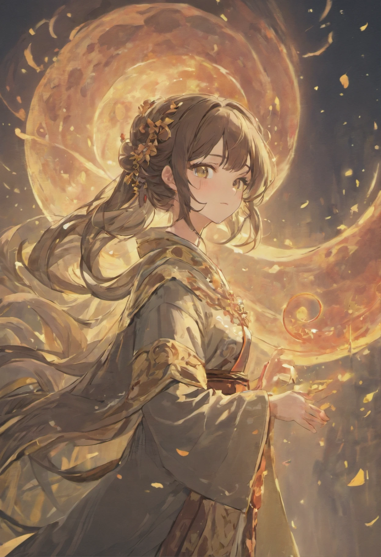 Masterpiece, Best, Night, full moon, 1 female, Mature woman, Chinese style, Ancient China, Sister, Royal Sister, Smile, Dark brown hair, Dark hair, Princess cut, Braid, Curly hair, Double ball head, Pale pink lips, calm, Intellectual, Medium hair, Green pupils, Hairpin, hydrangea, Delicate face, facial closeups, Close-up of the hand