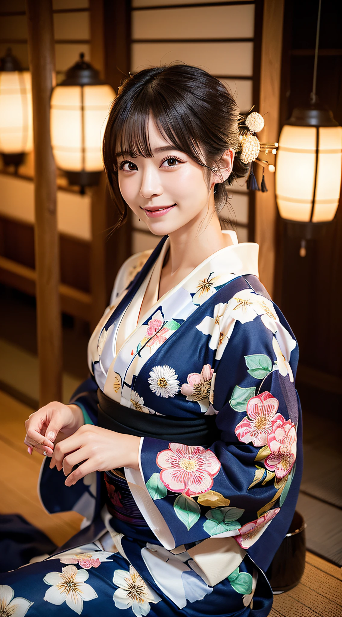 (8K、Raw photography、top-quality、masterpiece:1.2)、(reallistic、Photorealsitic:1.37)、The ultra -The high-definition、1 girl in、cute little、独奏、natta、Sitting、date、(Nasal redness)、(A smile:1.1)、Colossal tits、beautidful eyes、(short-hair:1.2)、(((Fireworks in the sky、natta)))、(((Kimono、Yukata)))、cleavage on the chest、perfect bodies、Perfect fingers、profetional lighting、goddess of Japan、gravure、Detailed face and skin texture、A detailed eye、Raw photo