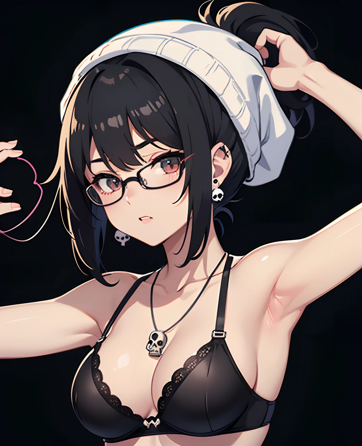 age, anime girl, glasses, black hair,bangs, underwears, black bra, short hair, skull earrings, black skull beanie, open clothes, ponytail, medium layer hair, large breasts, high quality, armpits, looking at viewer, black background, heart necklace, long shot, tempting