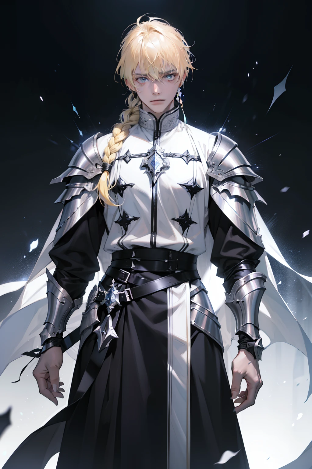 male knight,blond hairbl,Single braided hairstyle,By bangs,hair between eye,holy paladin,Black and white clothing,Capable and elegant,Religious dress,Wears silver armor,goth style。Western fantasy style,Concise background。Concise background,Masterpiece, mistic, aethereal,Blue light particles,color difference