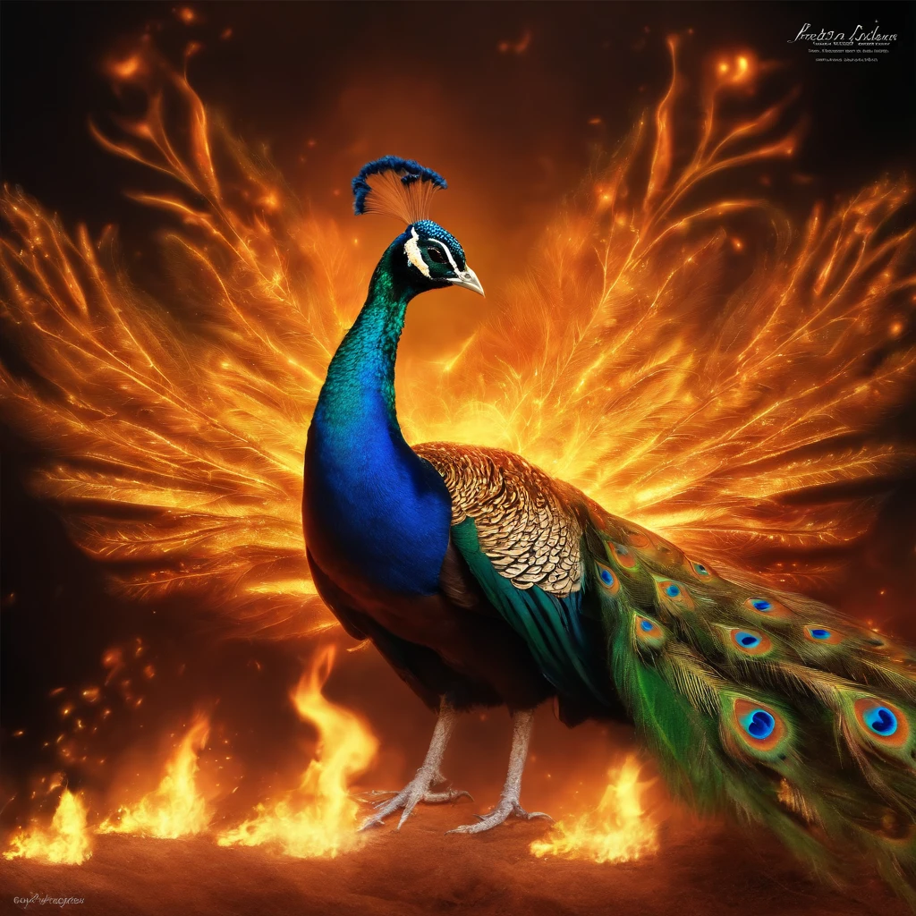 a peacock with a long tail flying through the air with fire, peacock rising from the ashes, peacock in fire, ''wallpaper of a peacock, peacock rising, fiery bird, artwork of a peacock, ''wallpaper of a peacock resting, peacock warrior, with fiery golden wings of flame, peacock flames, phoenix-inspired, with fiery golden wings, the peacock, peacock dragon