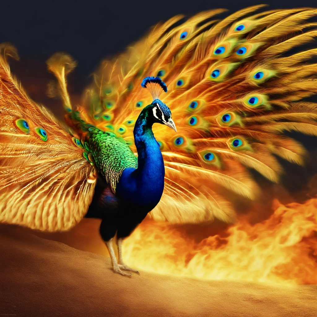 a peacock with a long tail flying through the air with fire, peacock rising from the ashes, peacock in fire, ''wallpaper of a peacock, peacock rising, fiery bird, artwork of a peacock, ''wallpaper of a peacock resting, peacock warrior, with fiery golden wings of flame, peacock flames, phoenix-inspired, with fiery golden wings, the peacock, peacock dragon