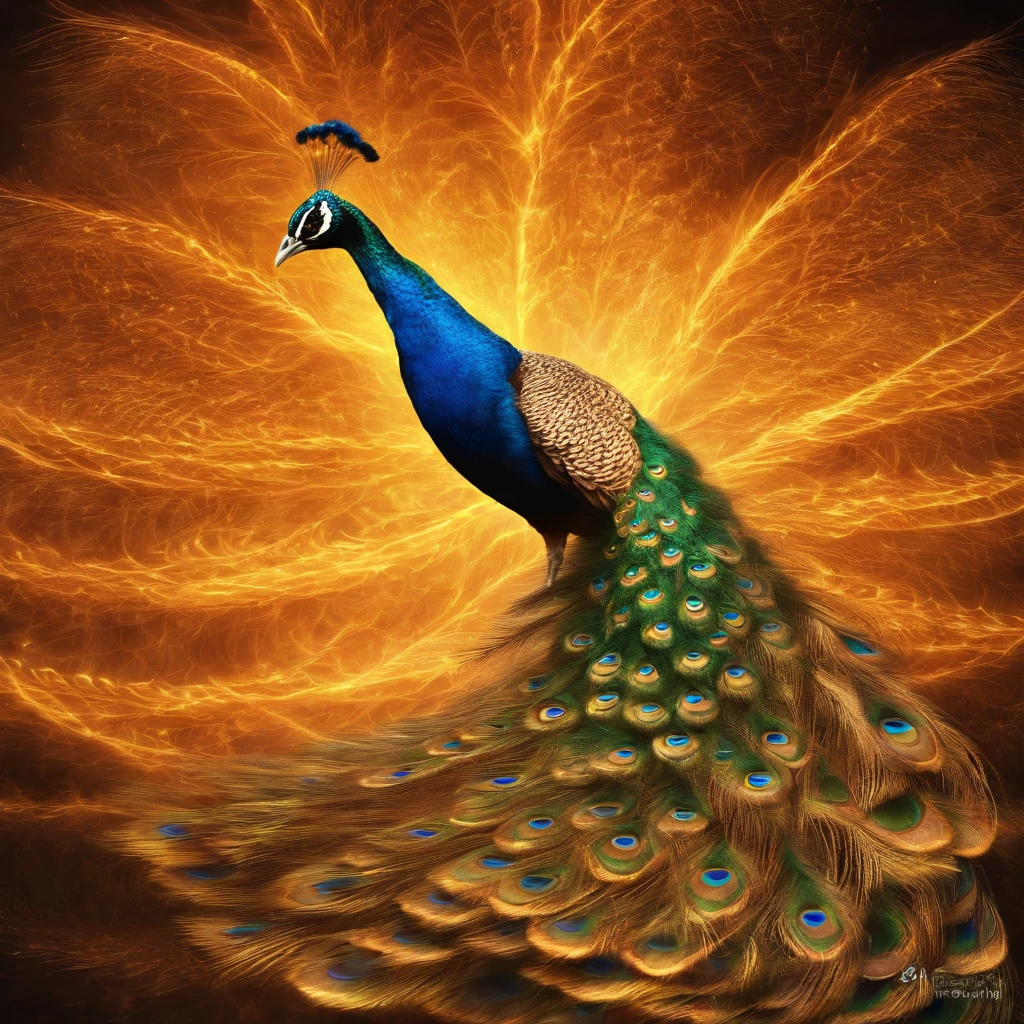 a peacock with a long tail flying through the air with fire, peacock rising from the ashes, peacock in fire, ''wallpaper of a peacock, peacock rising, fiery bird, artwork of a peacock, ''wallpaper of a peacock resting, peacock warrior, with fiery golden wings of flame, peacock flames, phoenix-inspired, with fiery golden wings, the peacock, peacock dragon