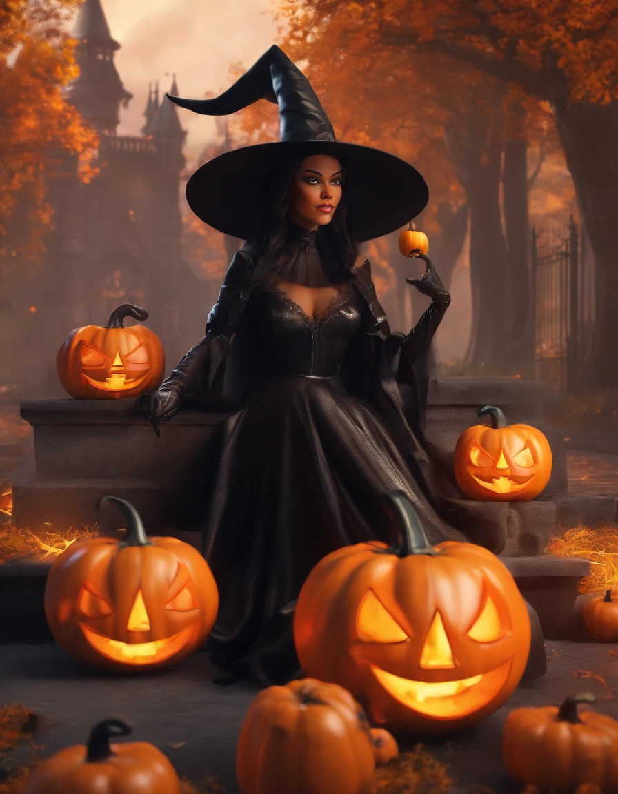 black witch halloween photo with pumpkin haunted castle orange black shades in MARVEL movie style photorealistic cinematic