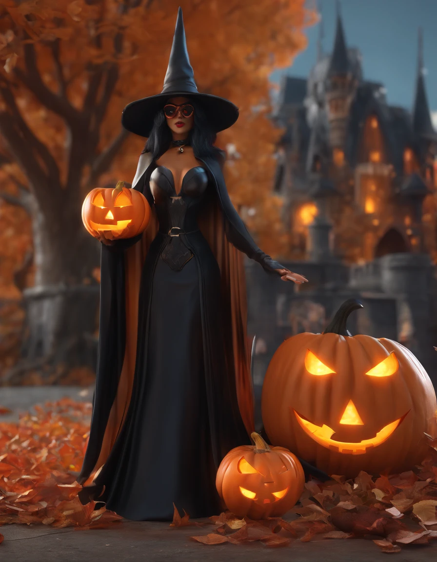 black witch halloween photo with pumpkin haunted castle orange black shades in MARVEL movie style photorealistic cinematic